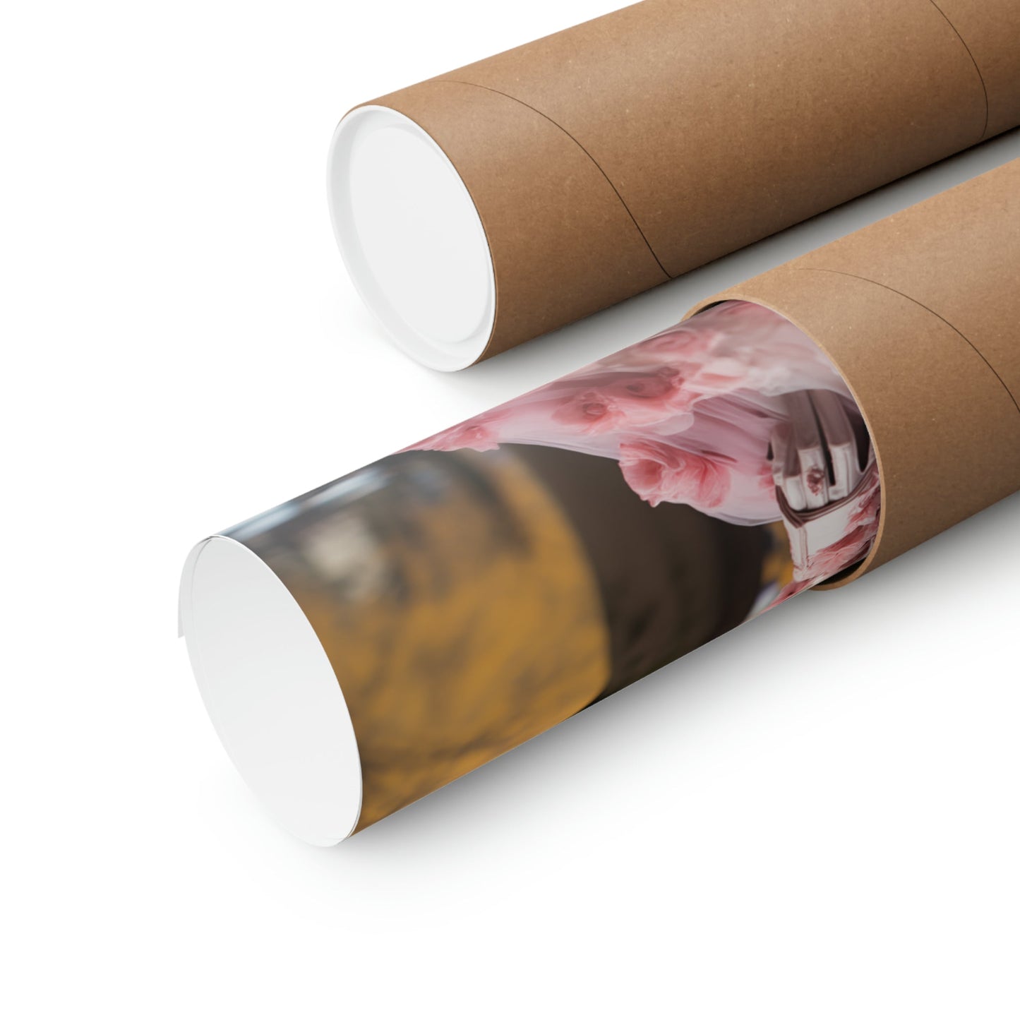 Cardboard mailing tubes, one displaying a partially visible photograph.