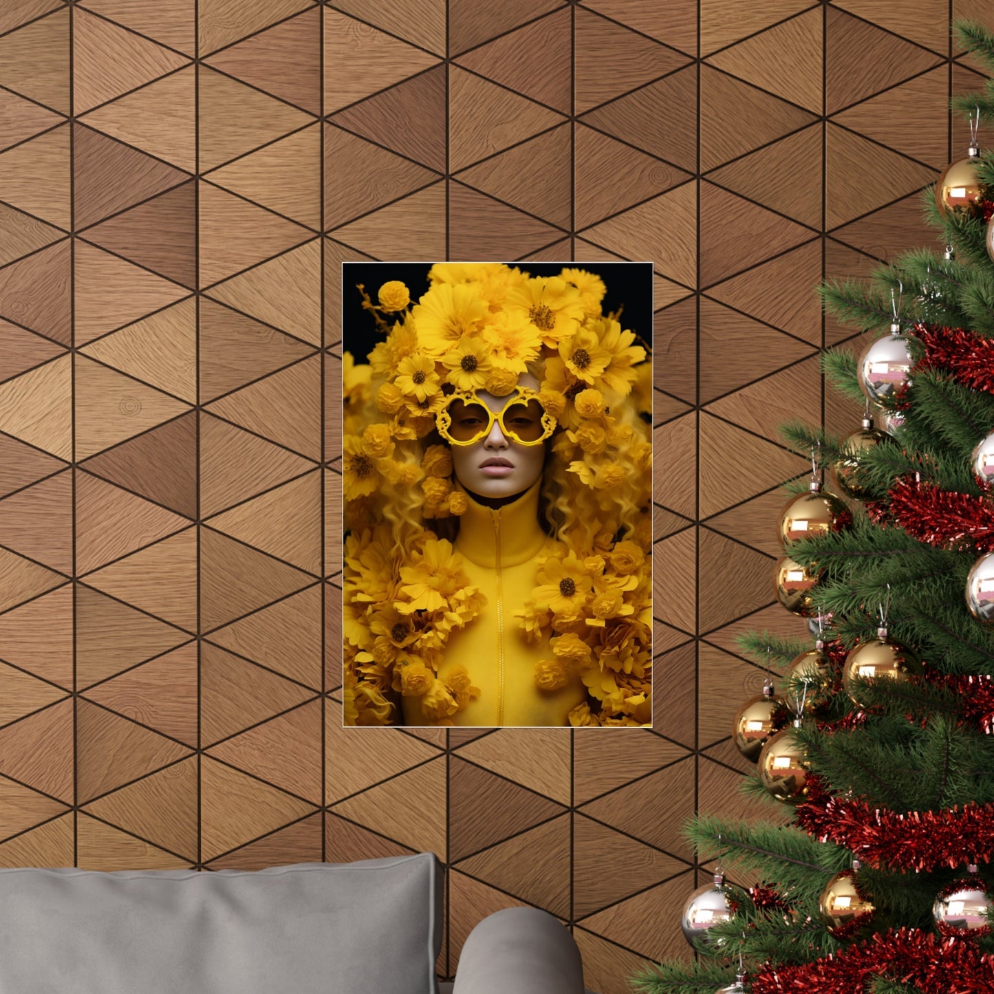 A christmas tree with a gold and red decoration