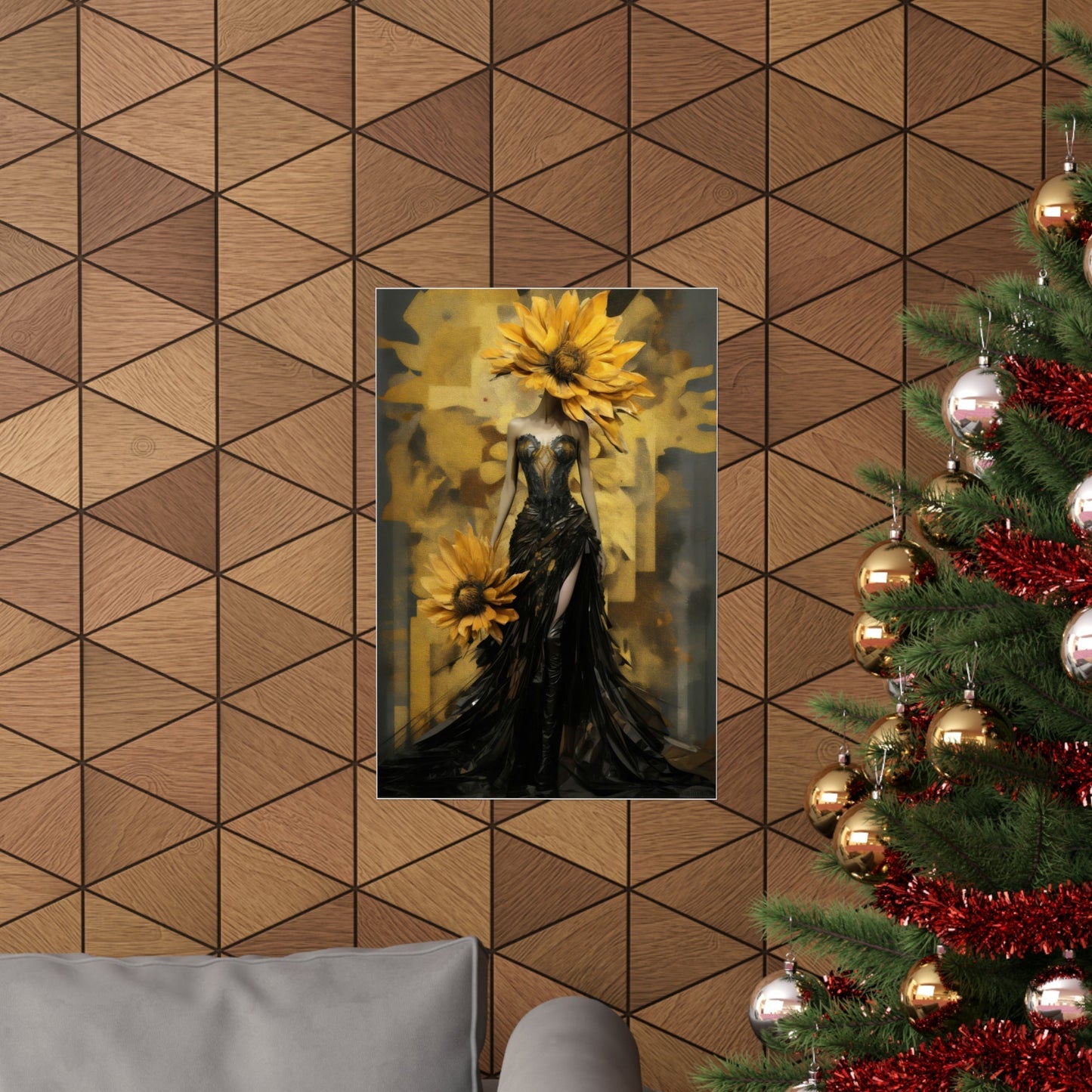 A christmas tree with a gold and black decoration