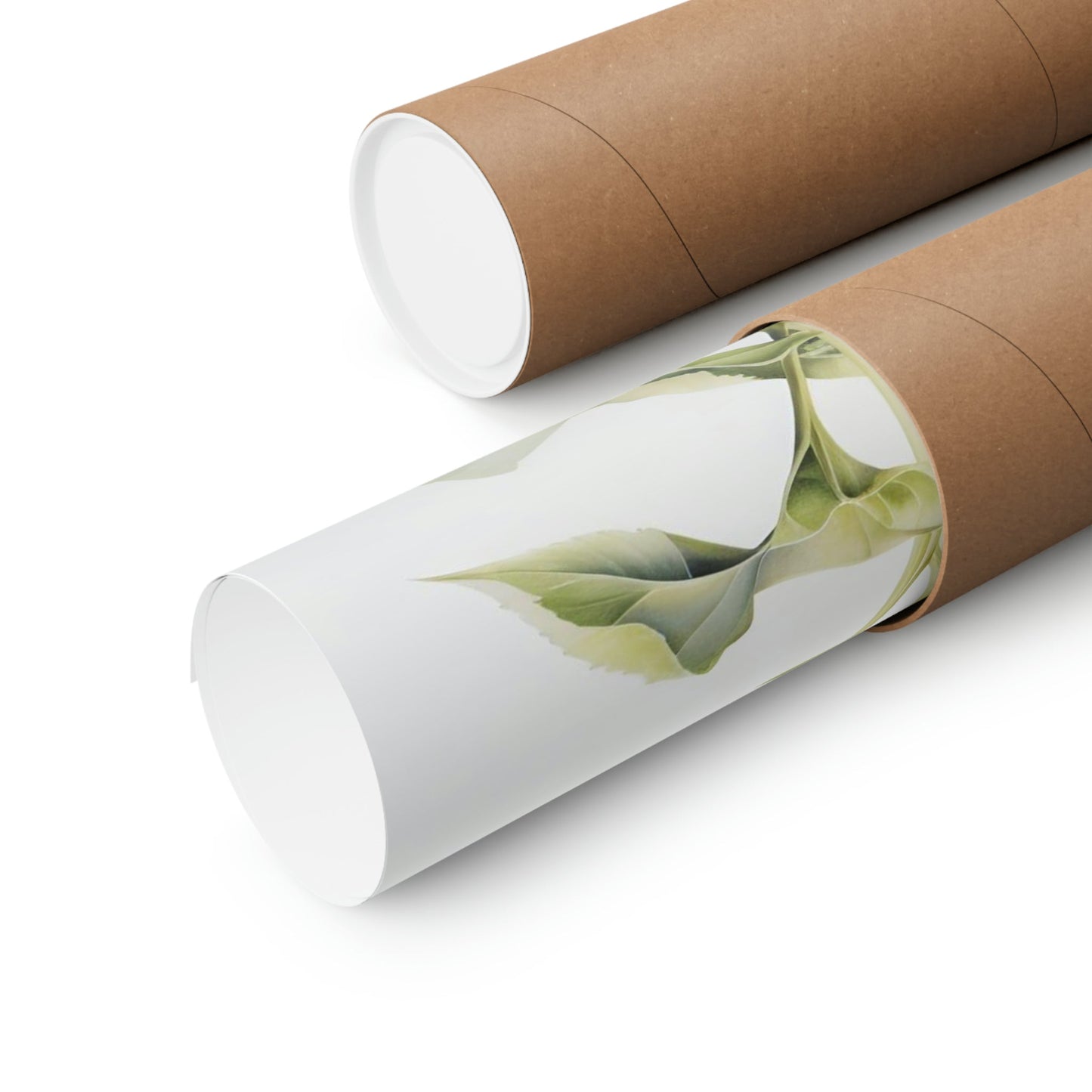 Two rolls of brown paper with green leaves on them