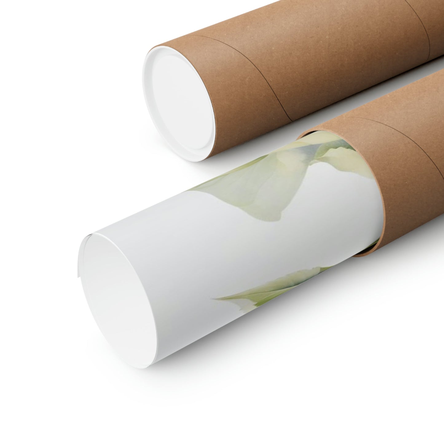 Two rolls of brown paper with a green leaf on them
