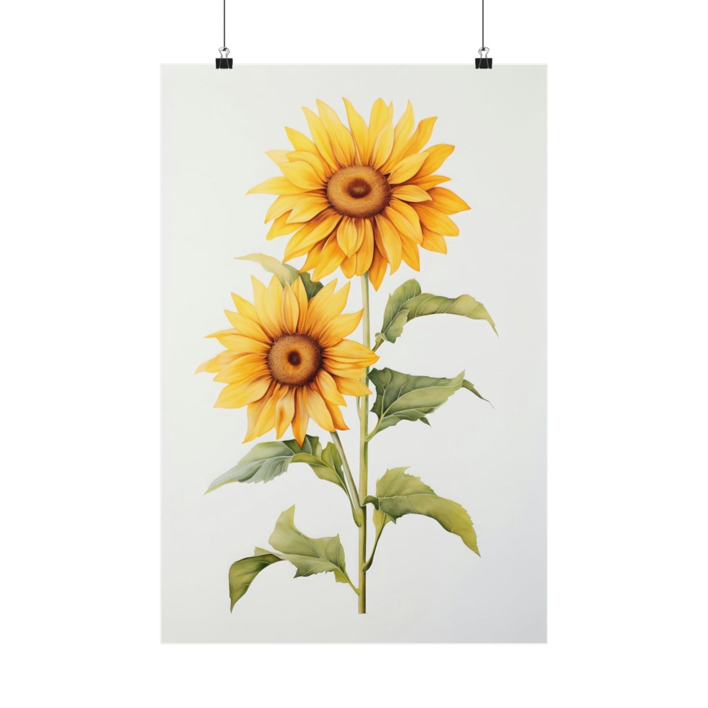 A yellow sunflower with green leaves on a white background
