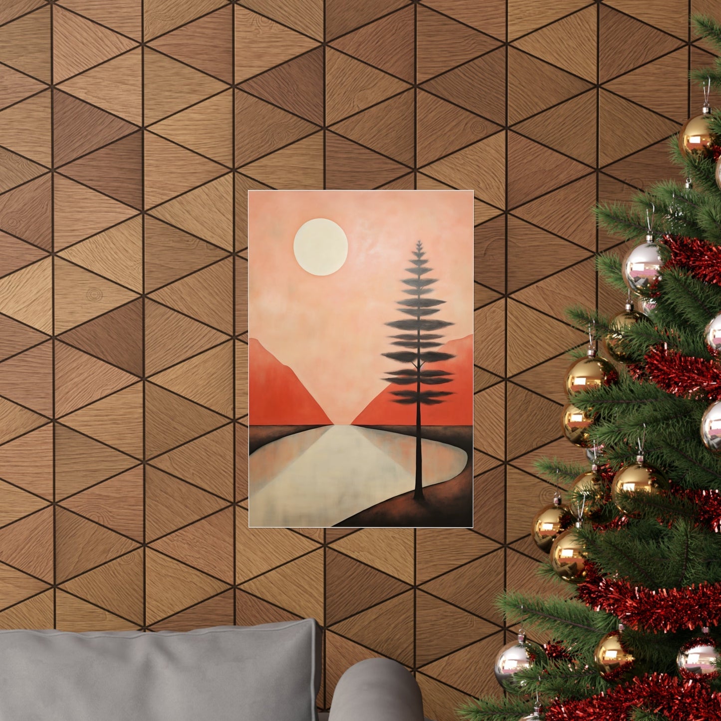 A christmas tree with a red and gold decoration