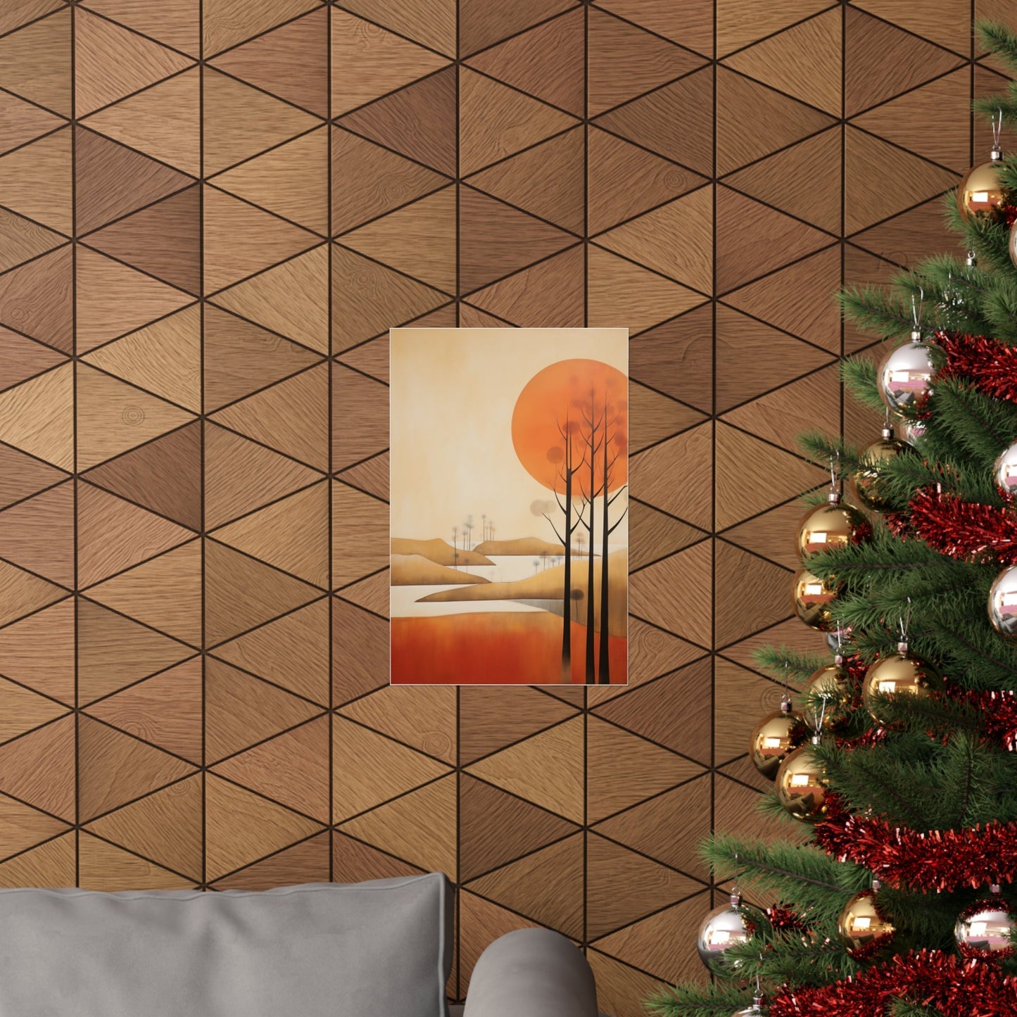 A christmas tree with a picture of a sunset
