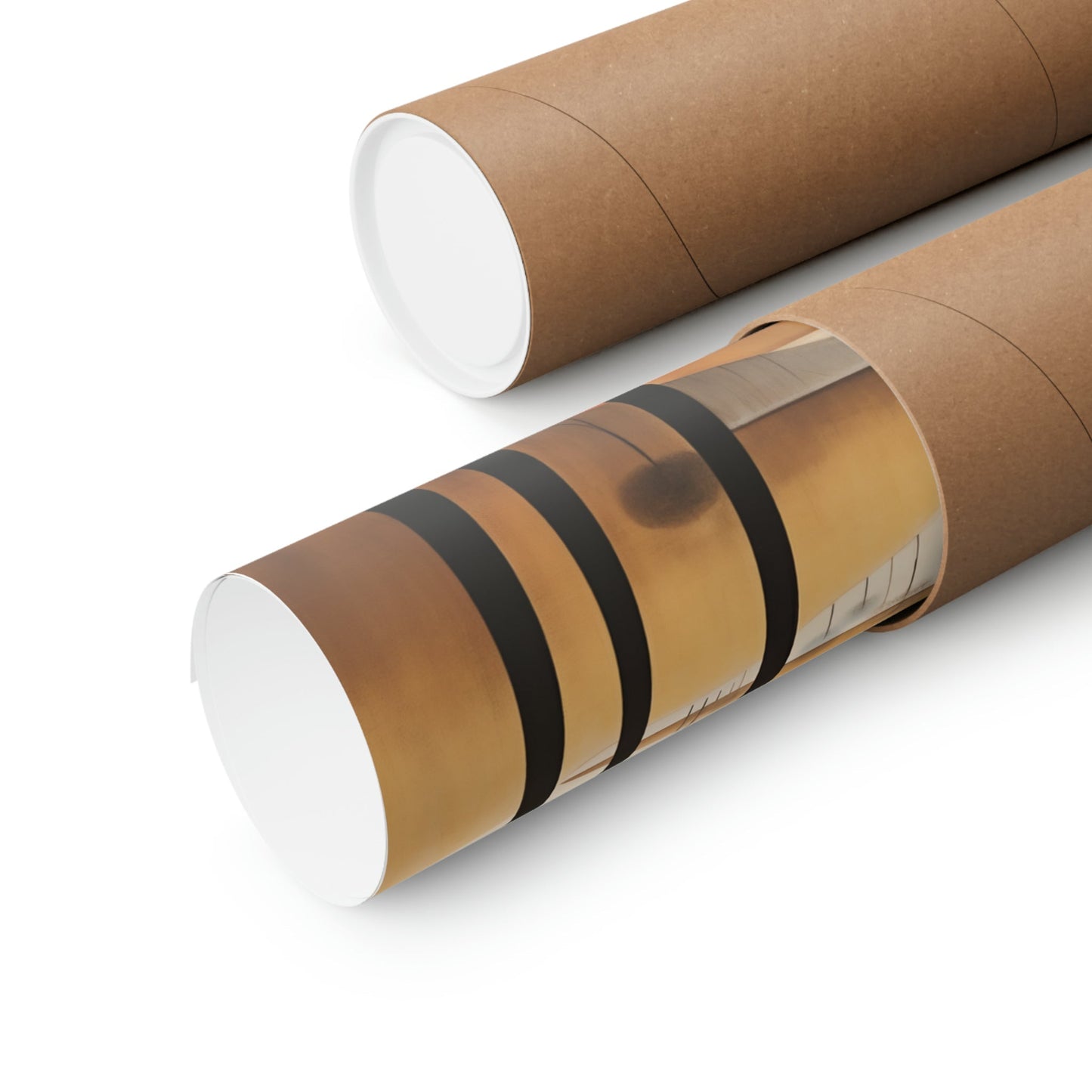 Two rolls of brown paper with black stripes