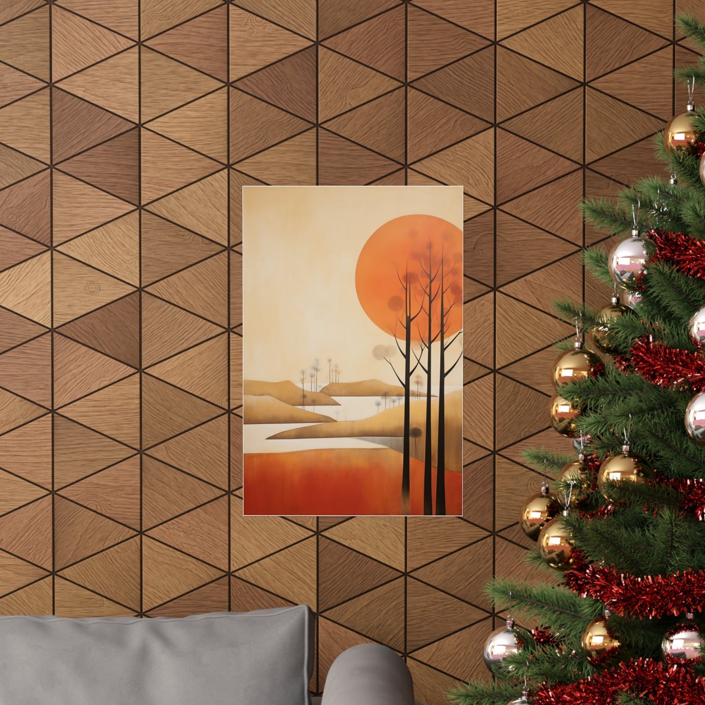 A christmas tree with a picture of a sunset