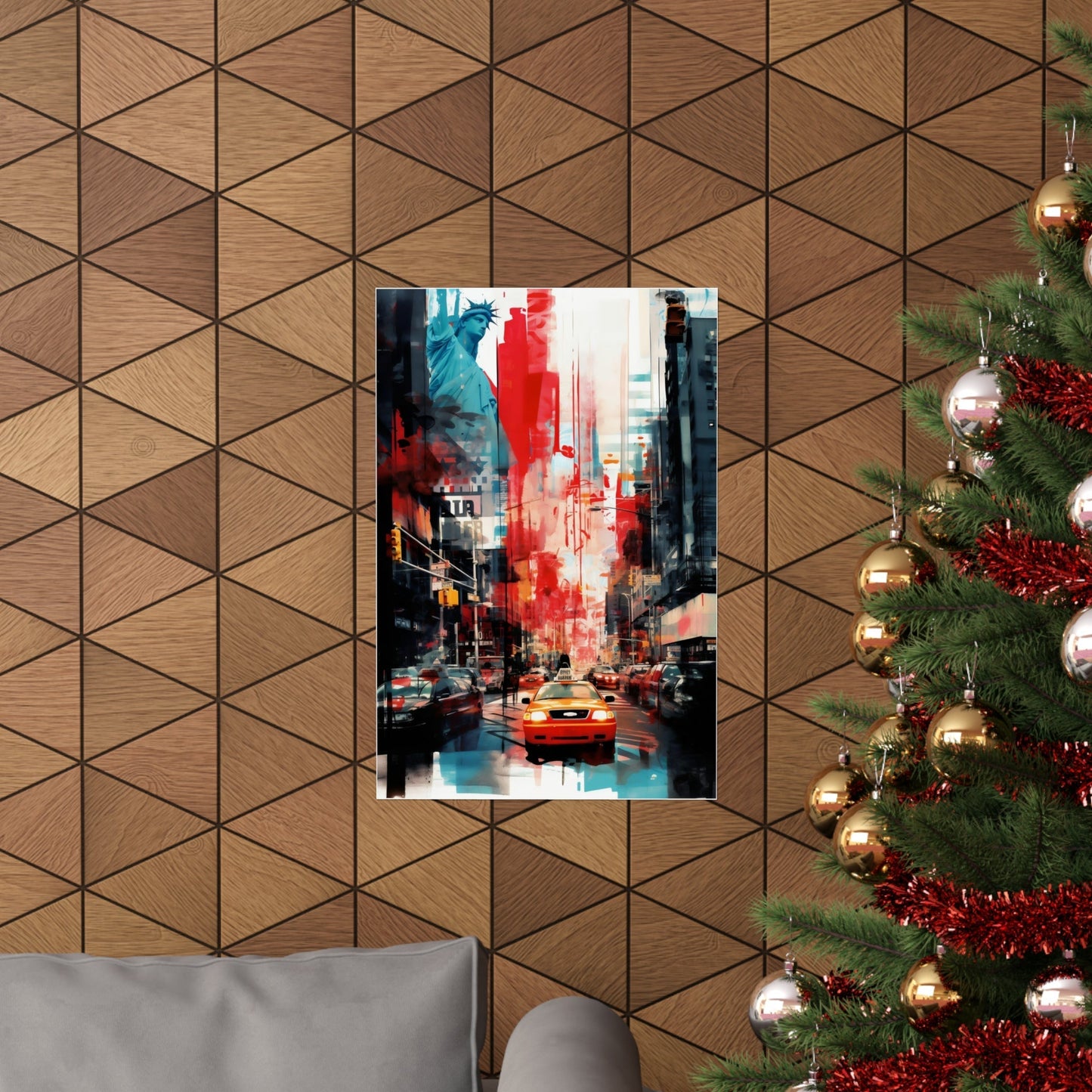 Colorful abstract cityscape painting featuring a yellow taxi in a bustling urban street scene.