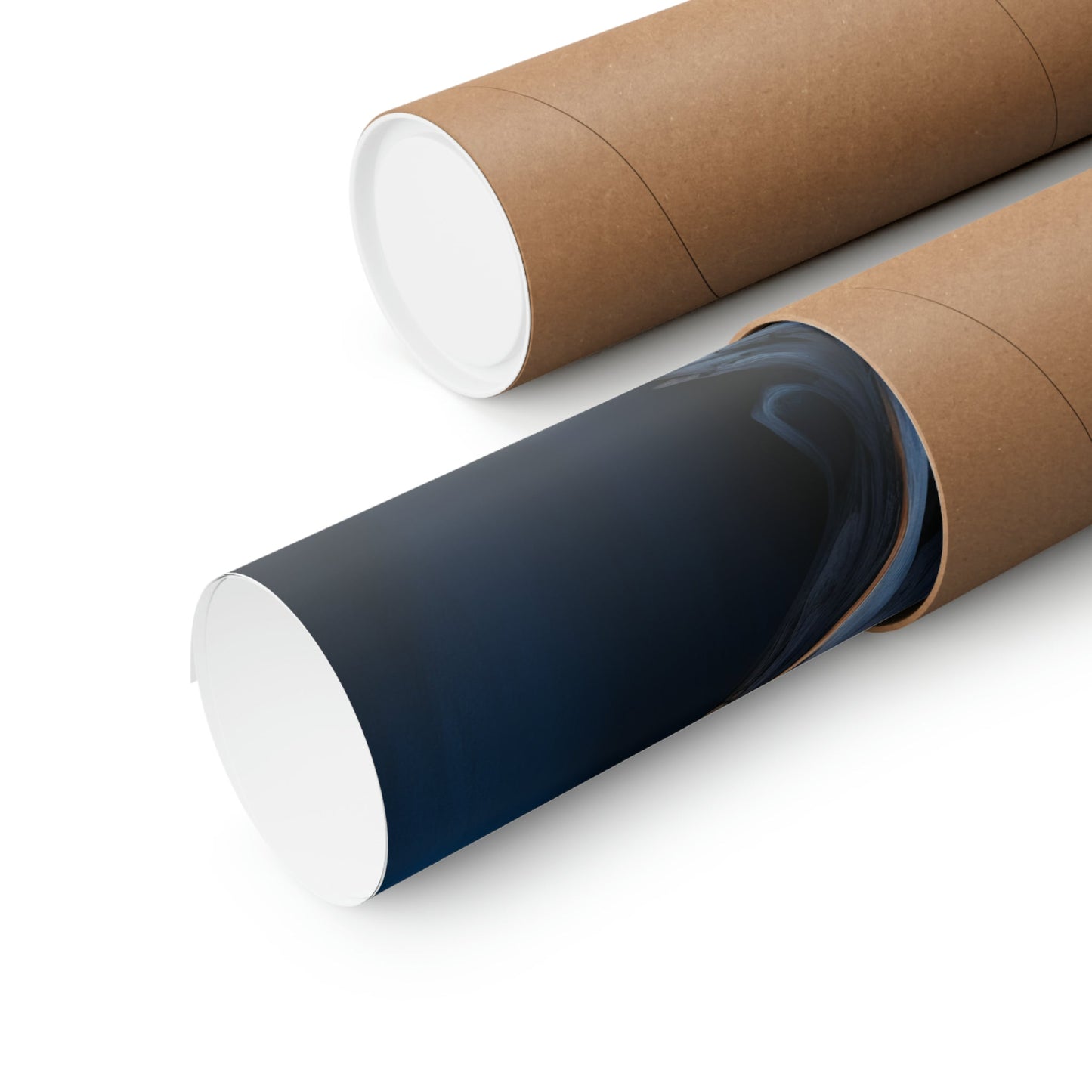 Cardboard mailing tubes, one with a dark blue interior visible.