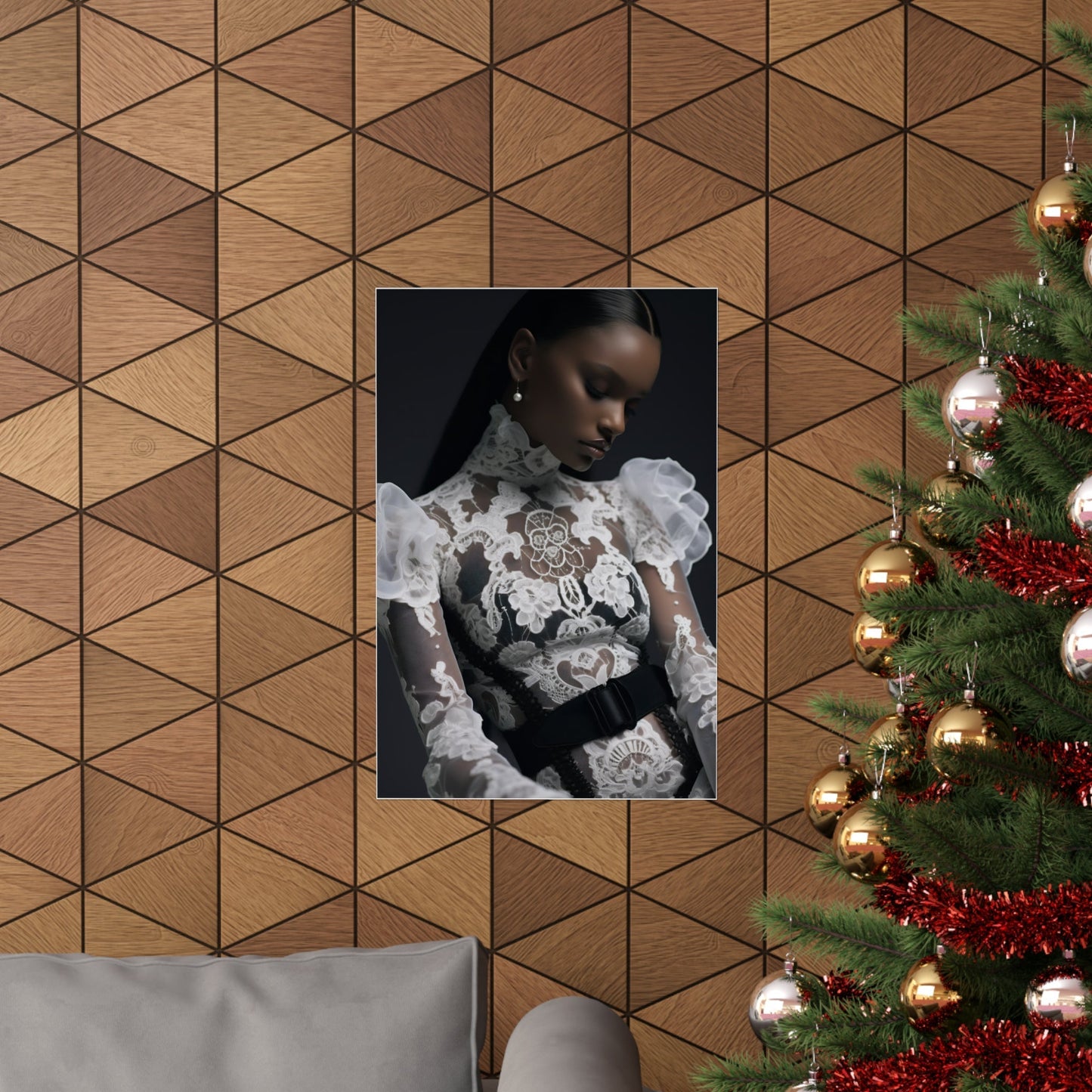 A christmas tree with a picture of a woman in a white dress