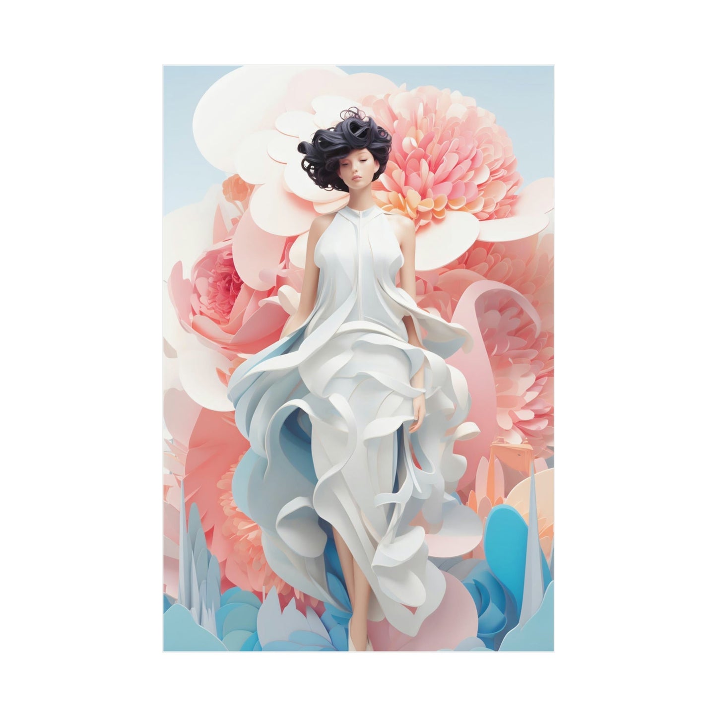 A woman in a white dress with flowers