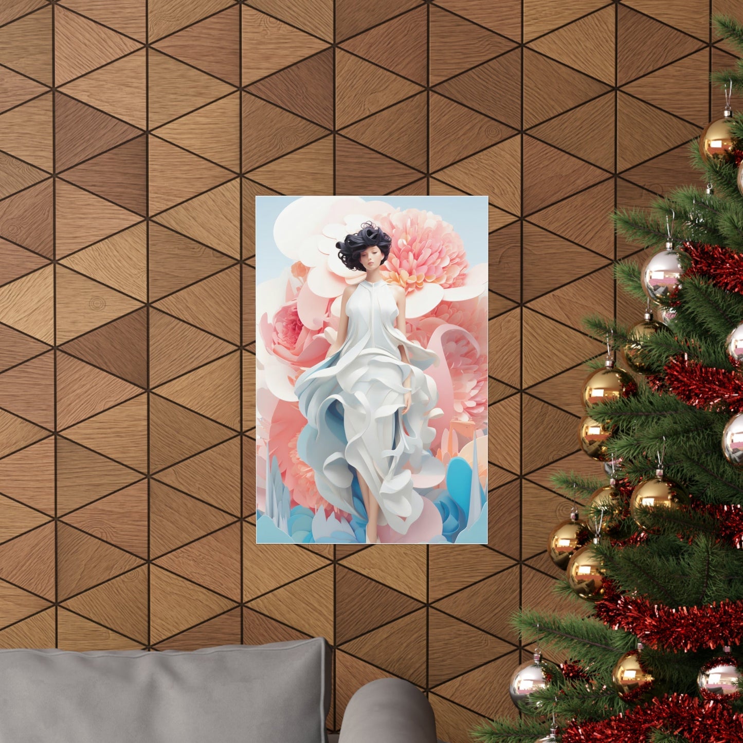 A christmas tree with a painting of a woman in a white dress