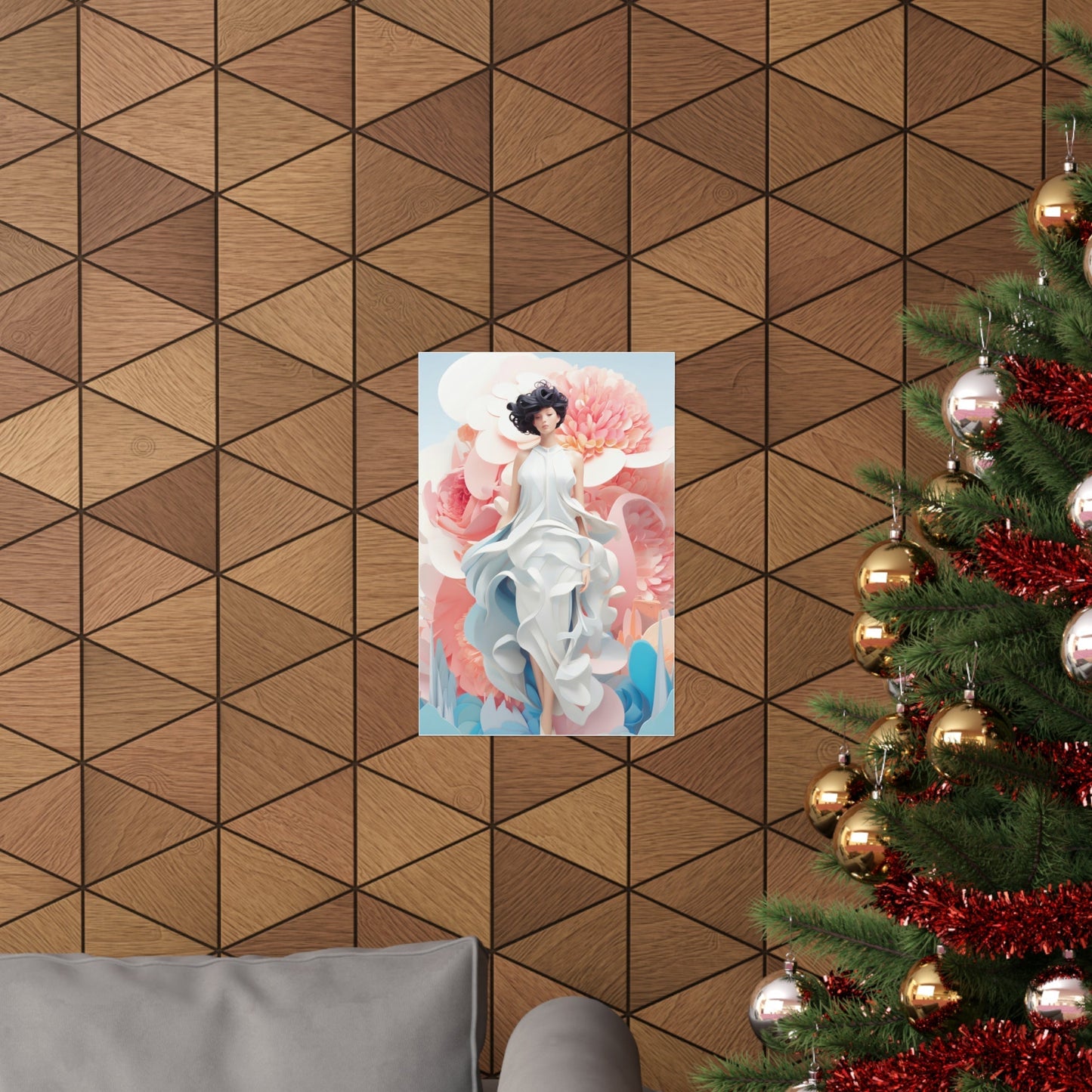 A christmas tree with a white flower on it