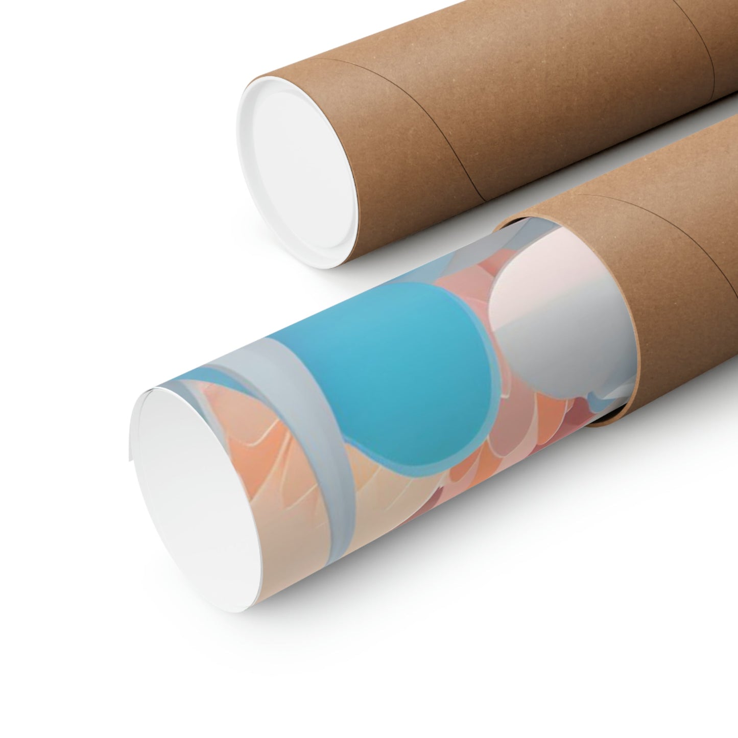 Two rolls of brown paper with a blue and orange design