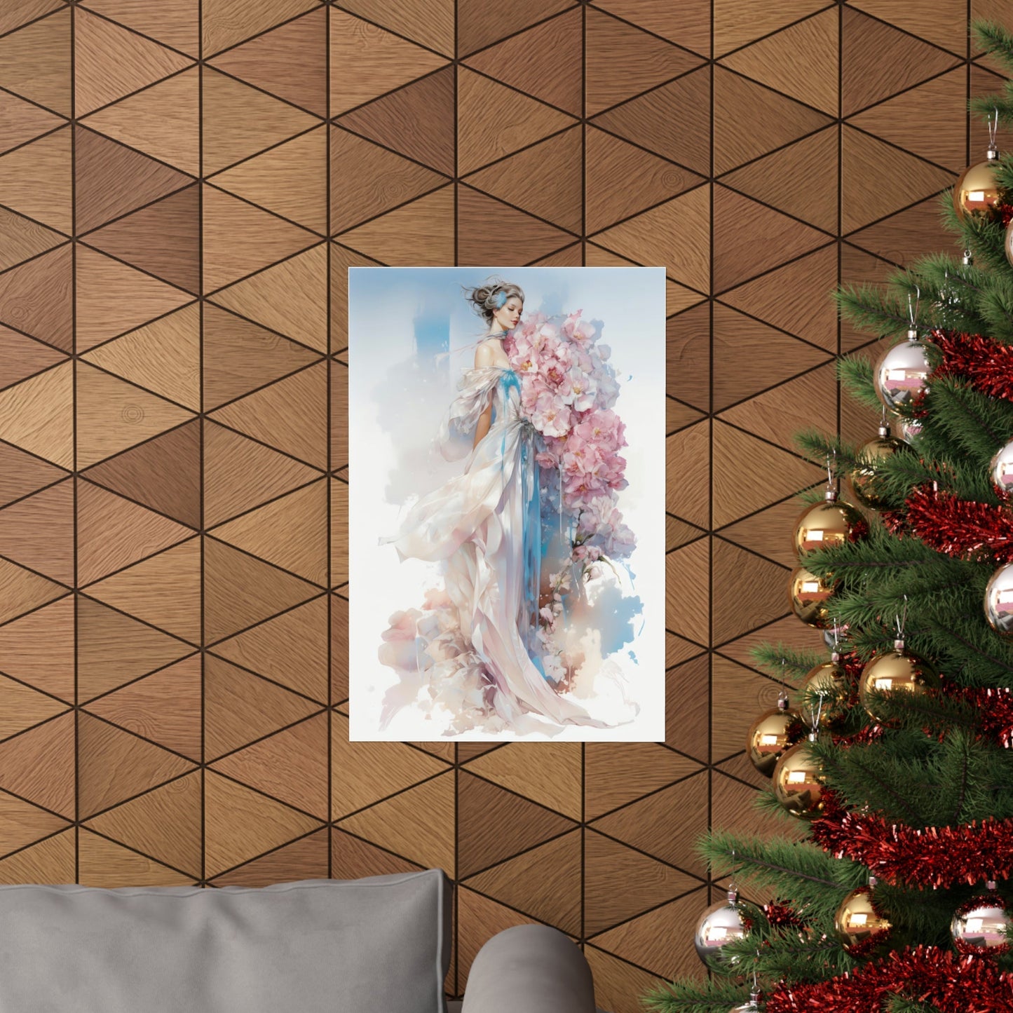 A christmas tree with a picture of a woman in a dress