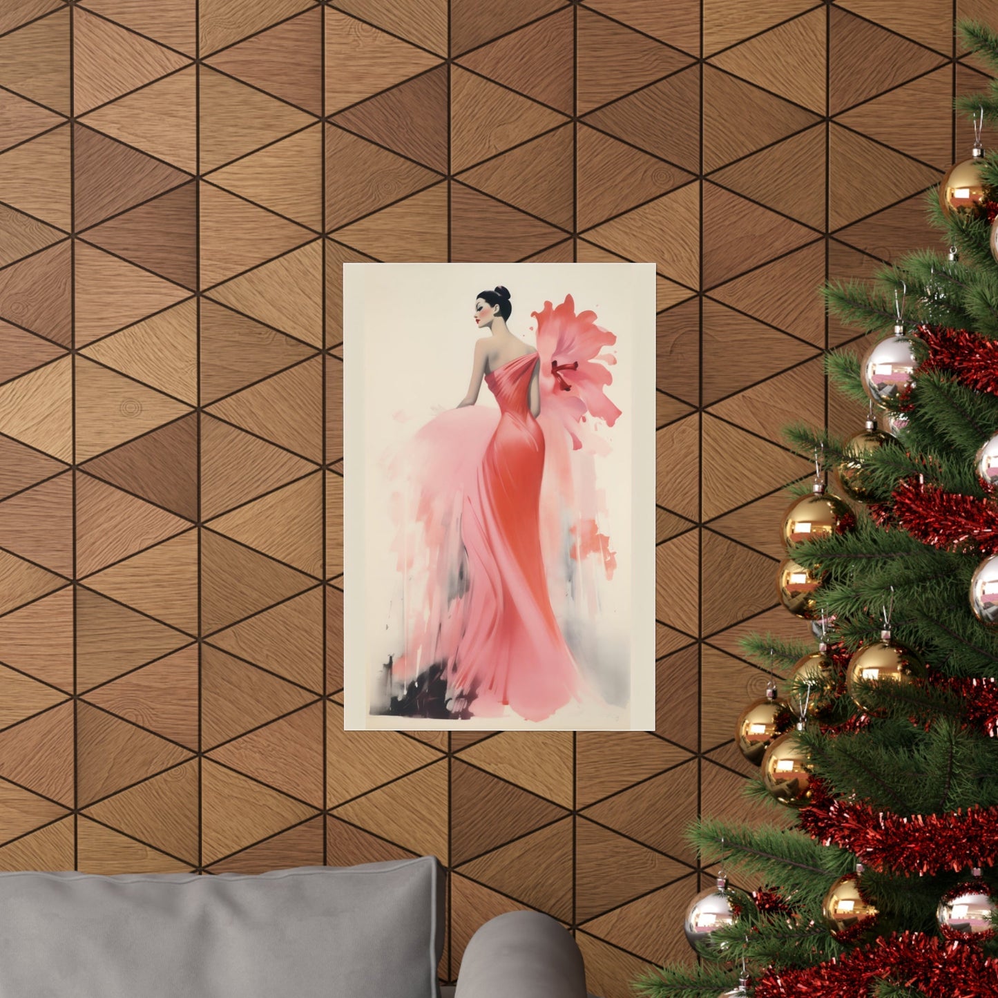 Painting of a woman in a flowing red gown with floral accents.