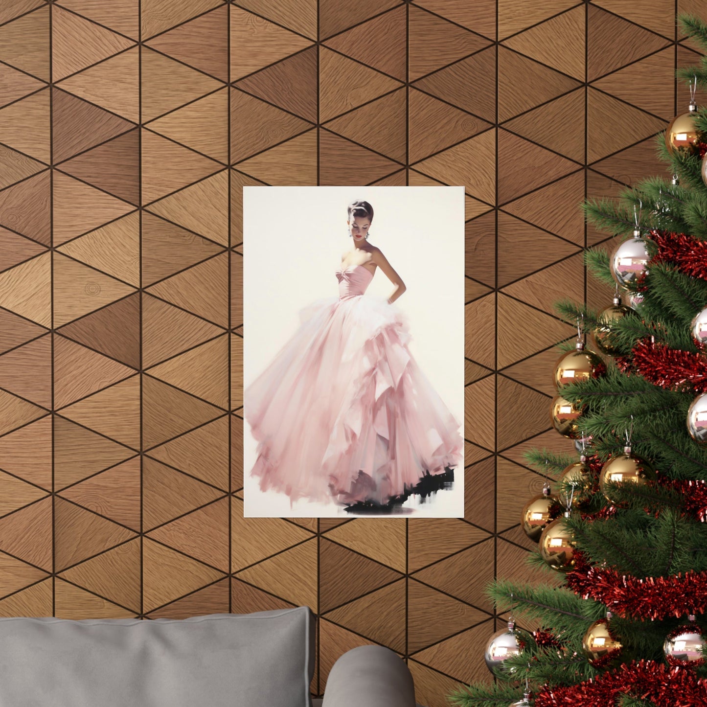 Framed artwork depicting a person in a voluminous pink gown.