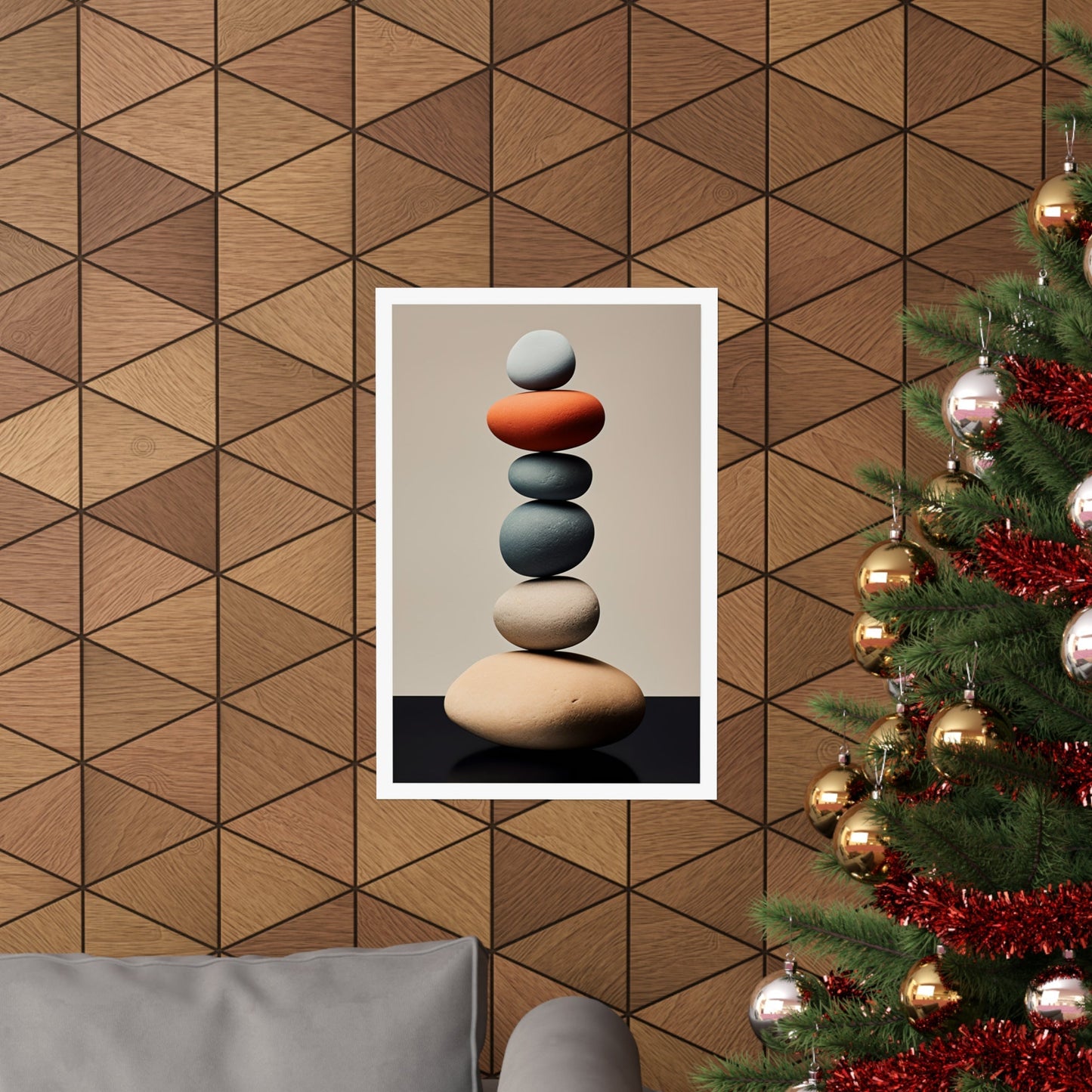 A christmas tree with a picture of a stack of rocks