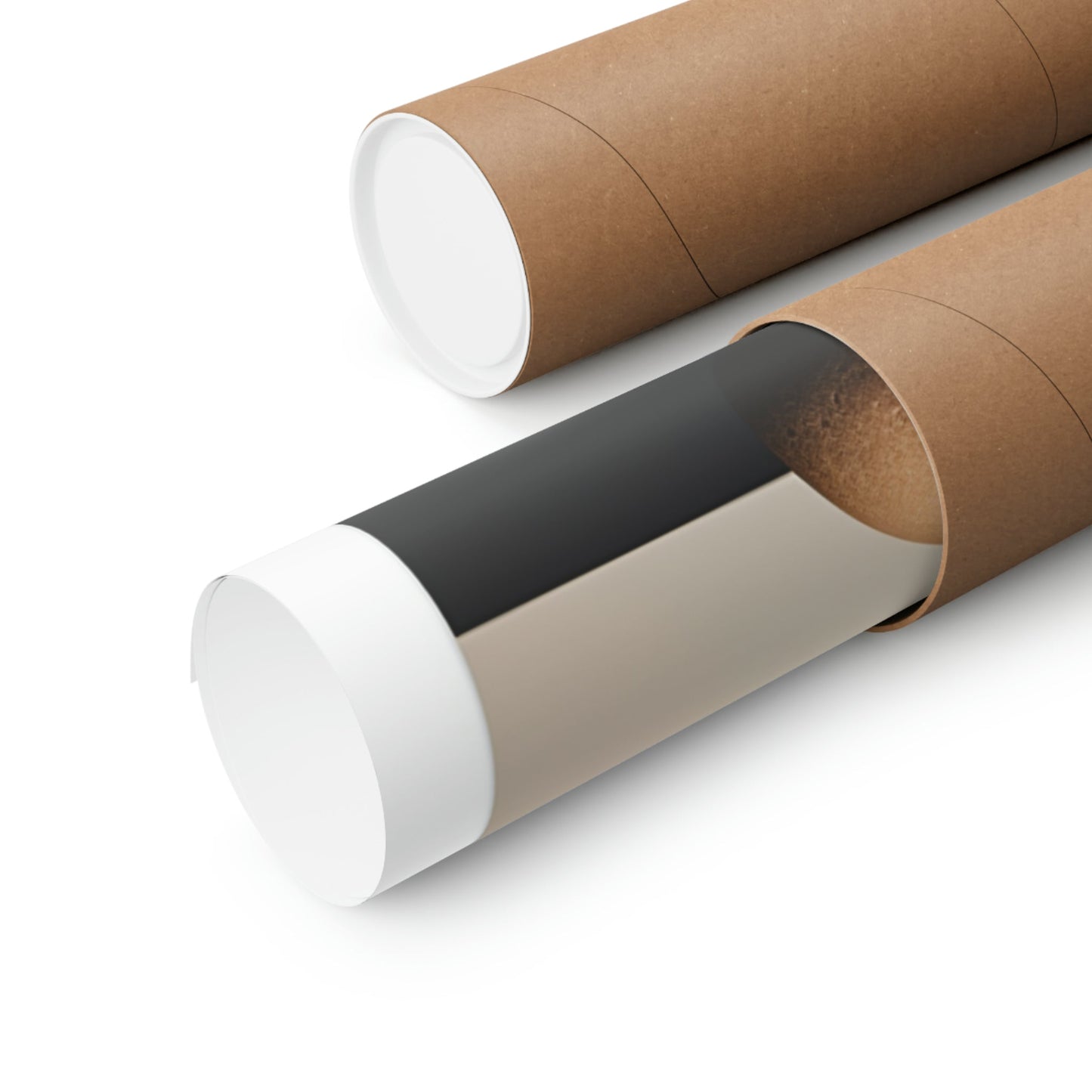 Two rolls of brown paper with black and white paper