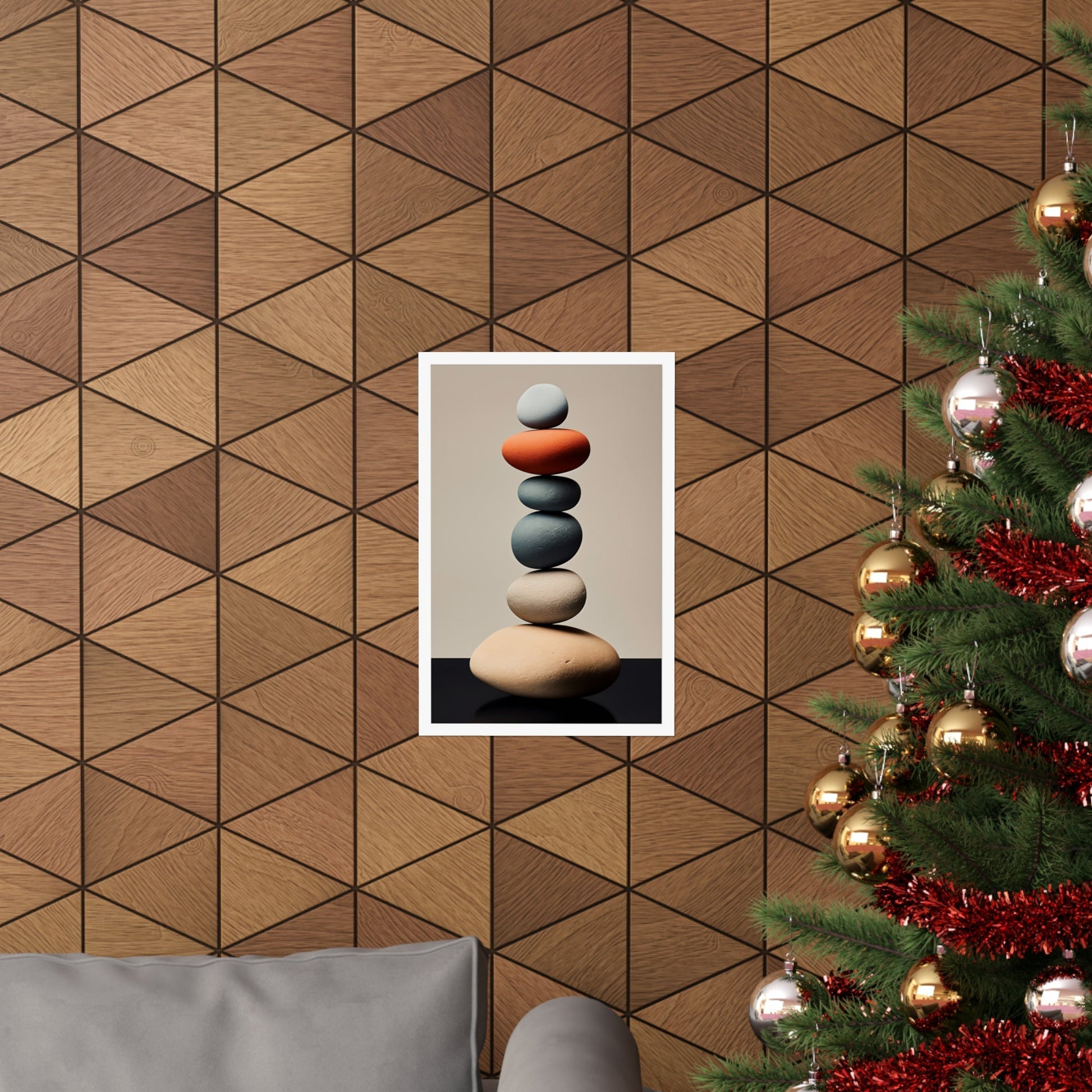 A christmas tree with a picture of a rock on top