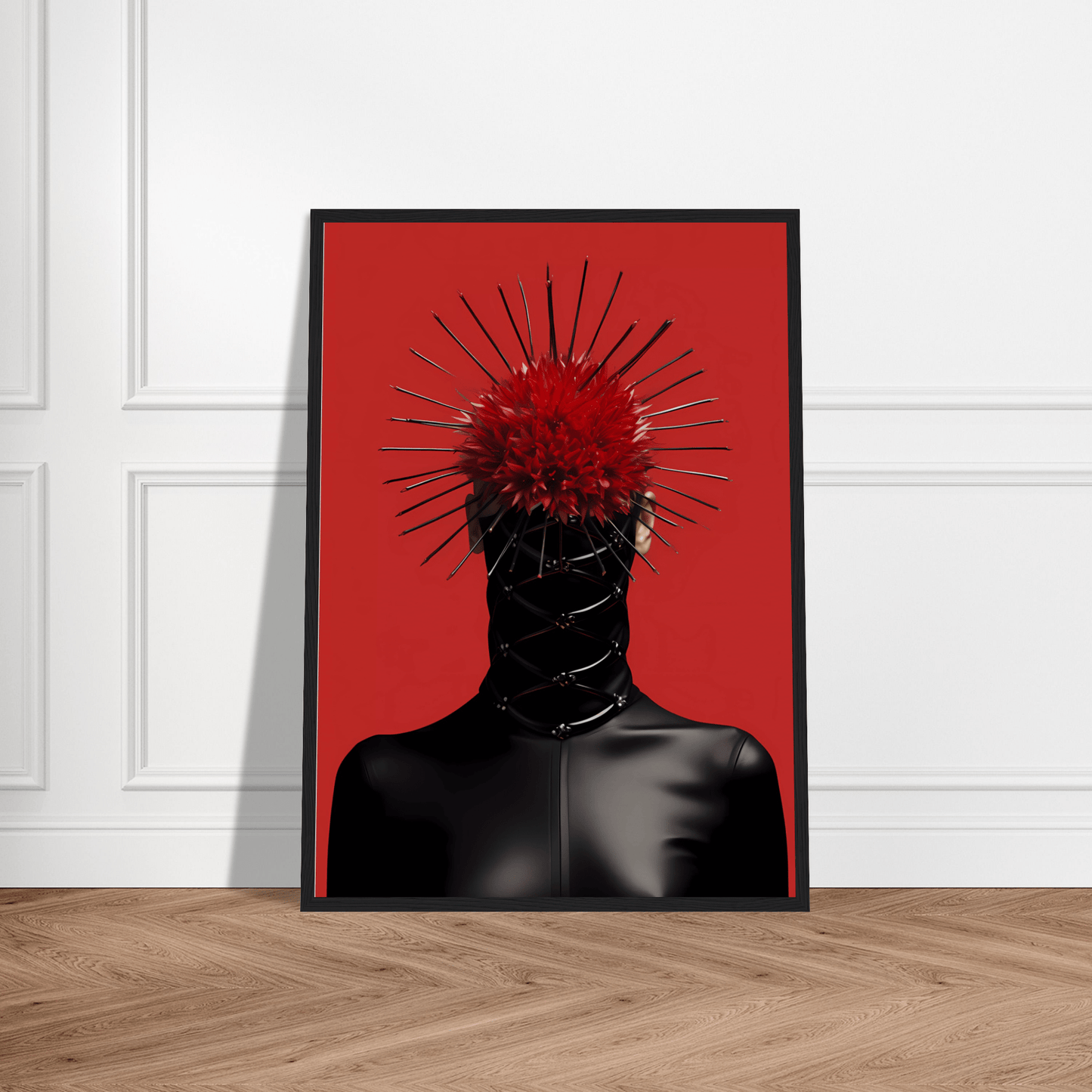 A poster with a red background and a black head with a red flower on it