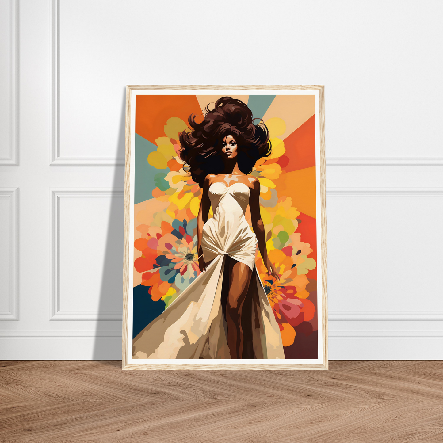 A poster of a woman in a white dress