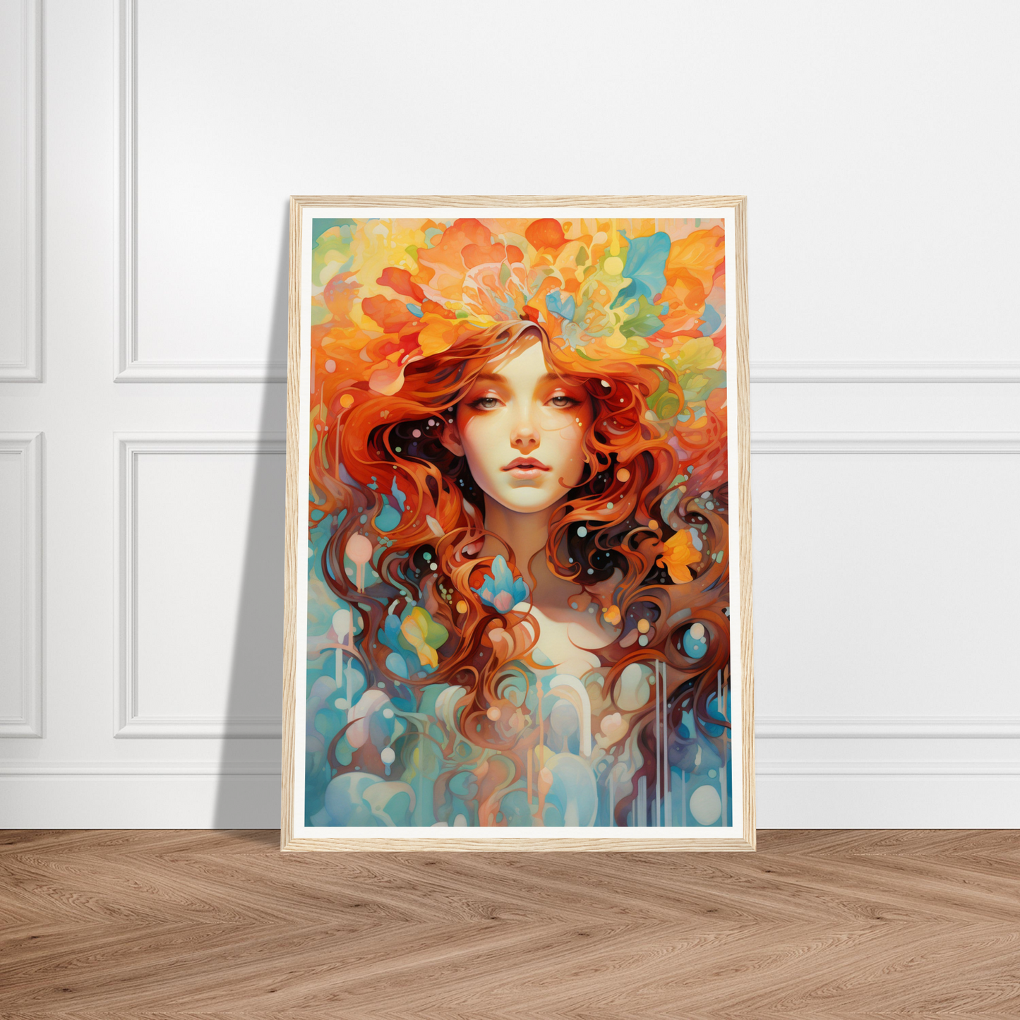 A poster with a woman’s face and colorful flowers