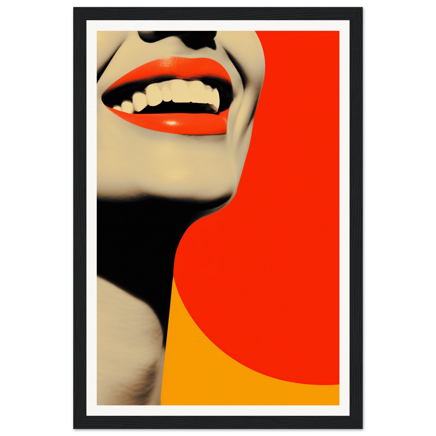 A poster with a woman’s face and red lips