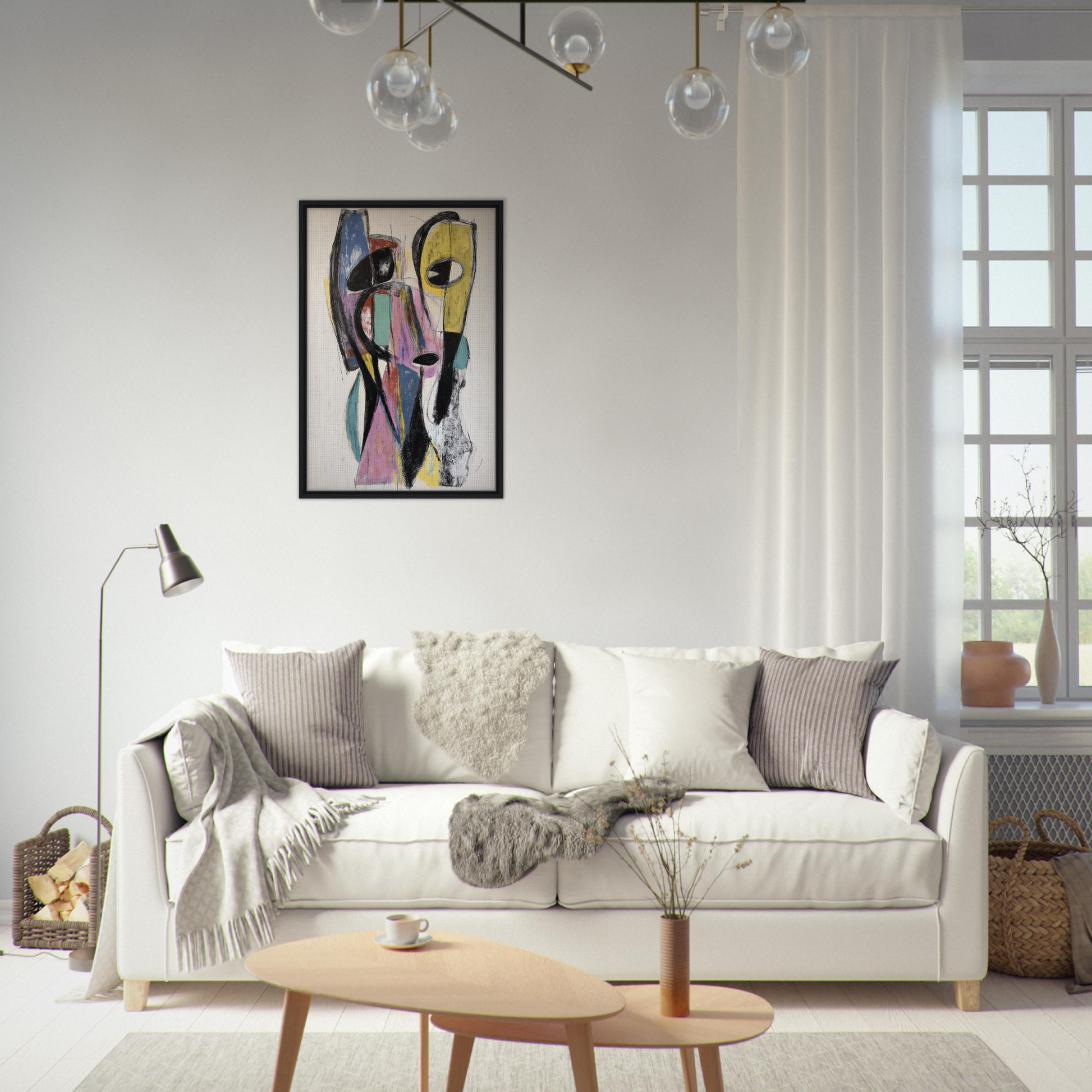 White sofa adorned with throw pillows and blankets, ideal for Prismatic Pulse Mindcompass room decor