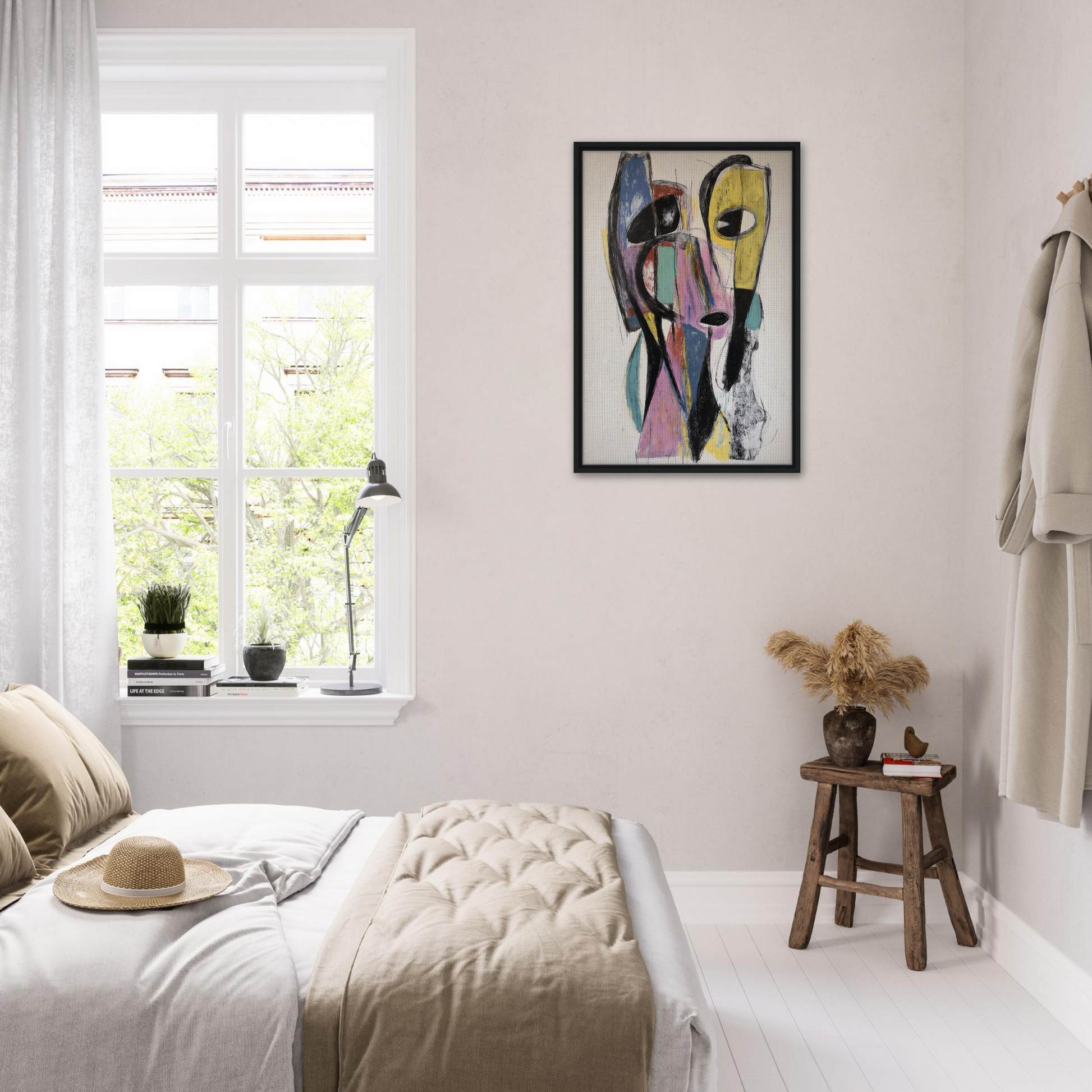 Bright minimalist bedroom featuring Prismatic Pulse Mindcompass framed canvas print