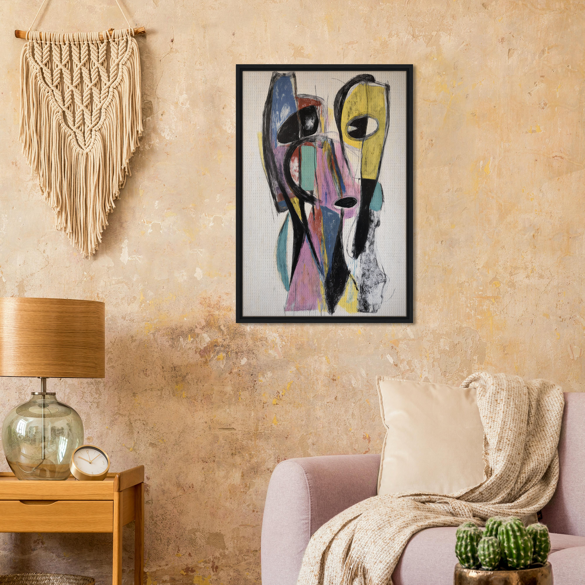Abstract painting of a geometric face in vibrant colors for Prismatic Pulse Mindcompass room decor