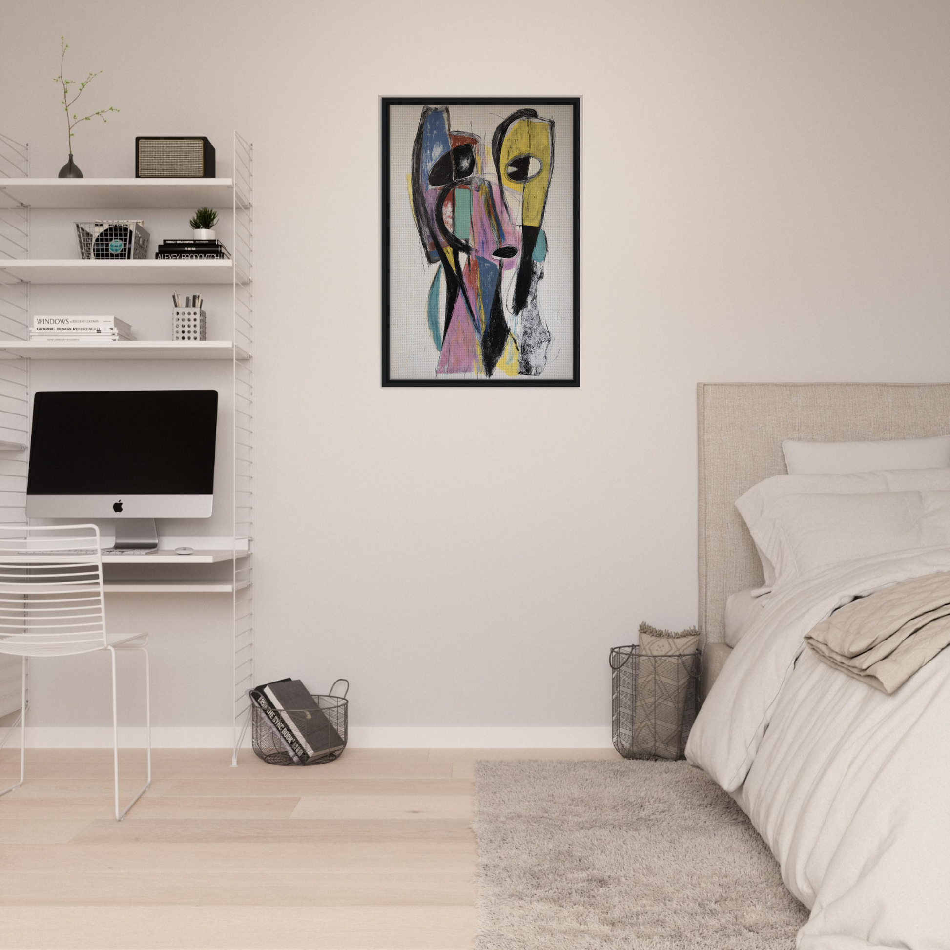 Modern bedroom with minimalist decor highlighted by Prismatic Pulse Mindcompass painting