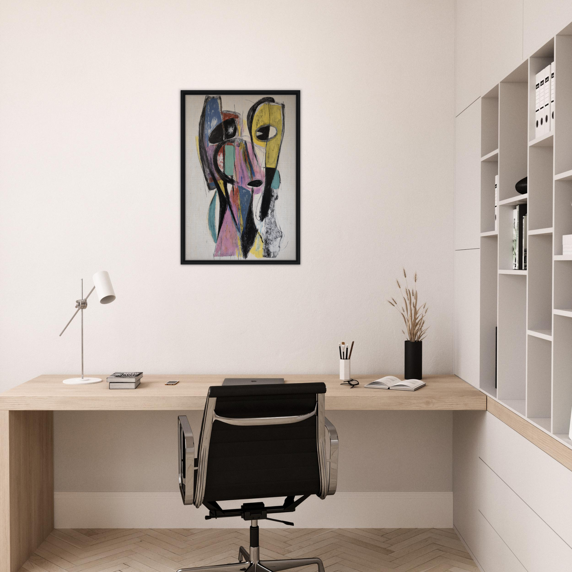 Modern home office with minimalist wooden desk and abstract art for Prismatic Pulse Mindcompass