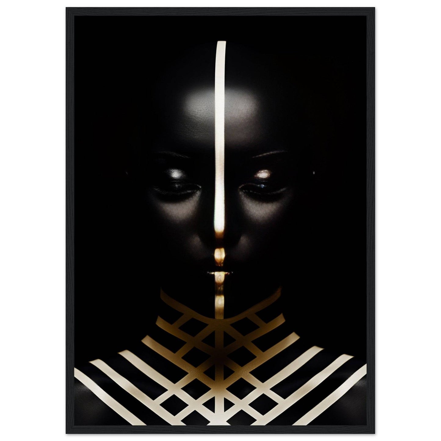 Striking portrait featuring a dark silhouette with glowing eyes and geometric gold and white patterns.