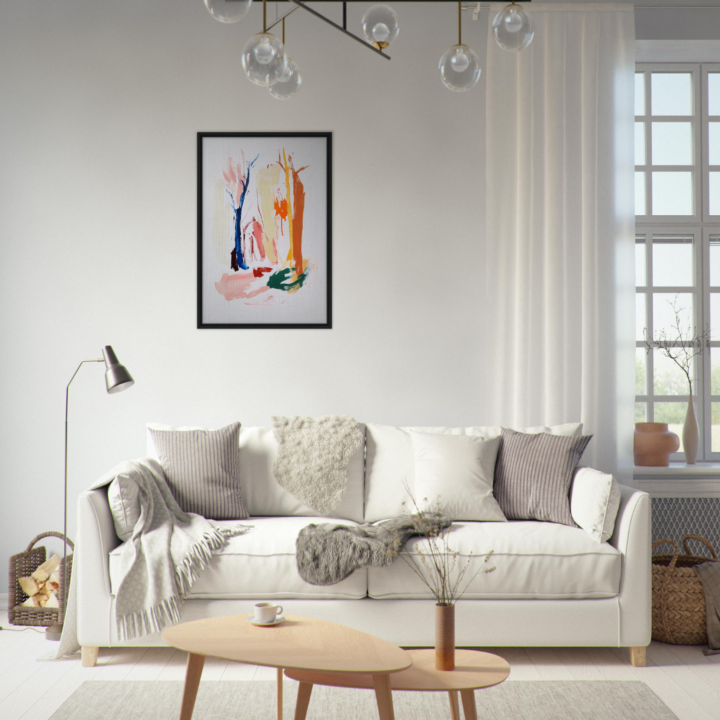 White sofa adorned with throw pillows and blankets near the Psilocynic Tree Whisper