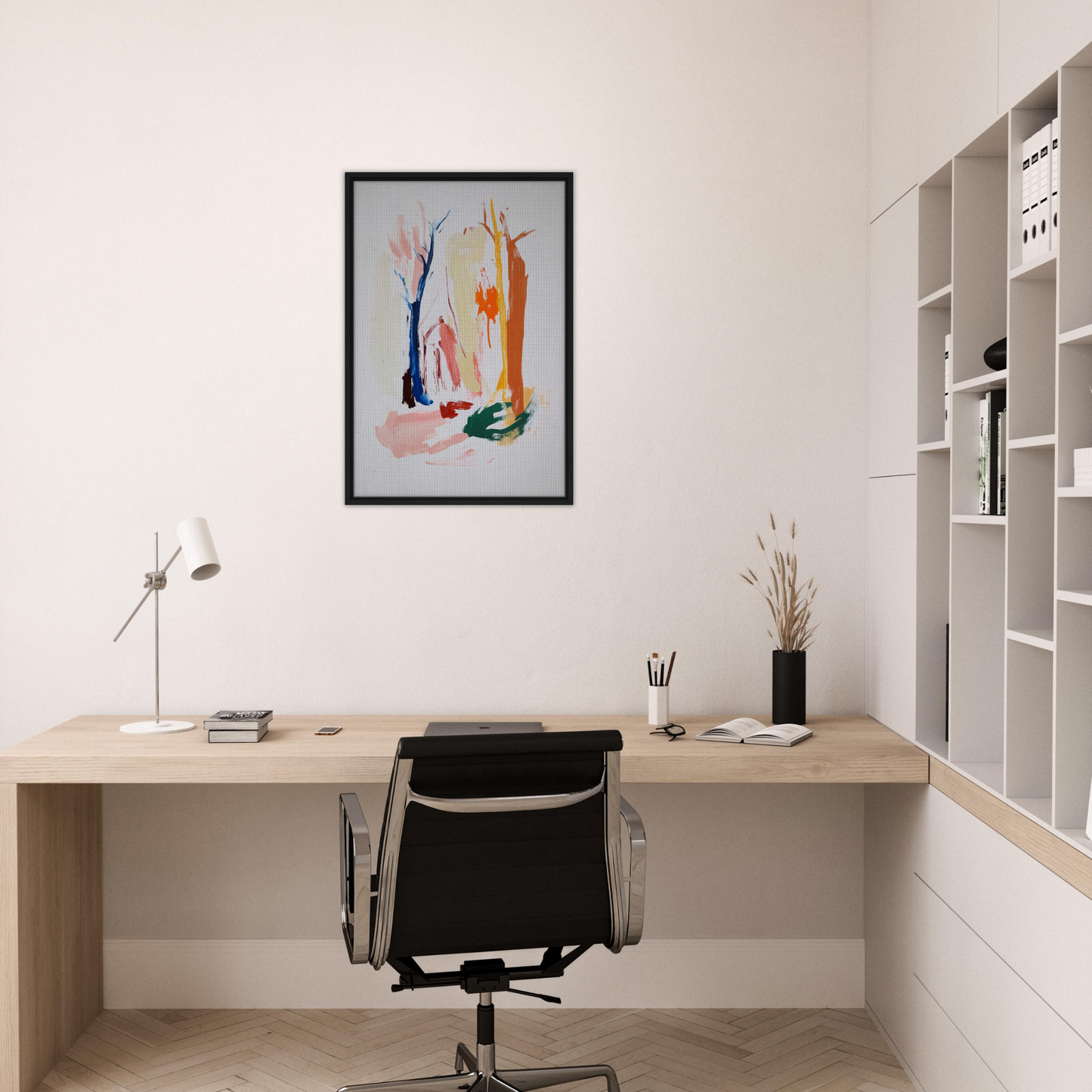 Minimalist home office featuring Psilocynic Tree Whisper artwork and stylish decor
