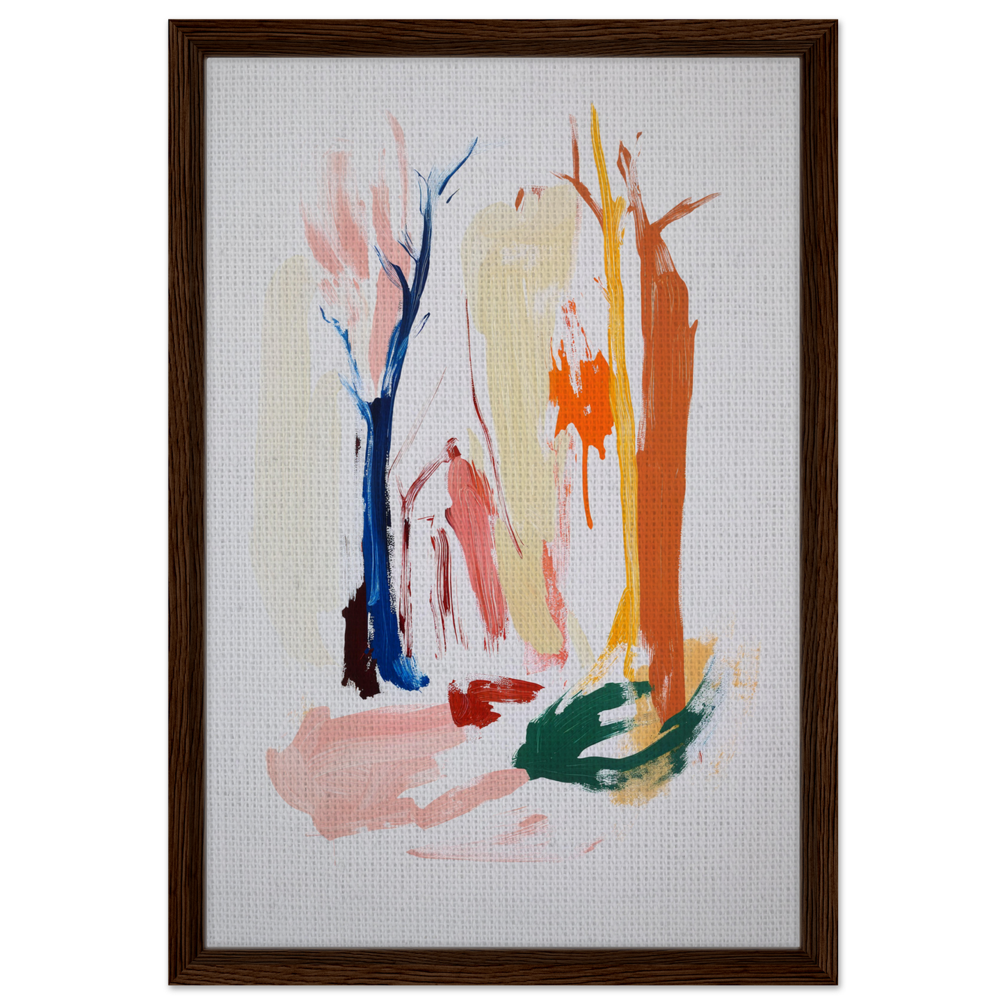 Abstract painting of colorful brushstrokes resembling trees for Psilocynic Tree Whisper room decor