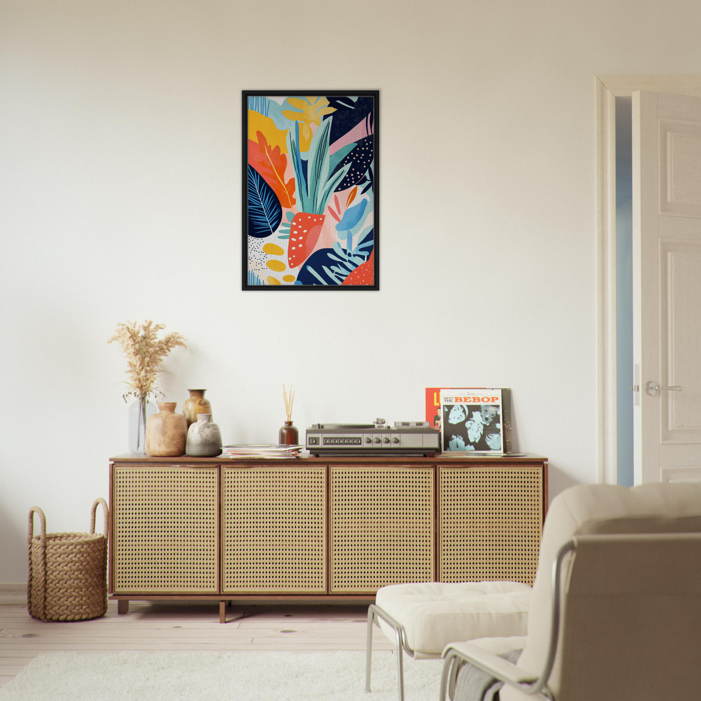 Wooden sideboard with rattan panels and decorative items, complementing Psychedelic Flora Dance