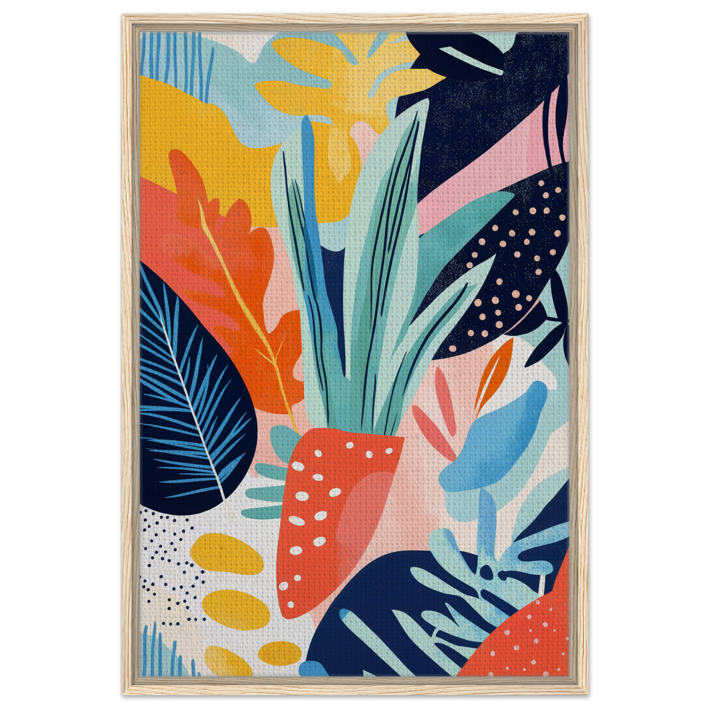 Colorful abstract painting of tropical leaves in vibrant hues for Psychedelic Flora Dance