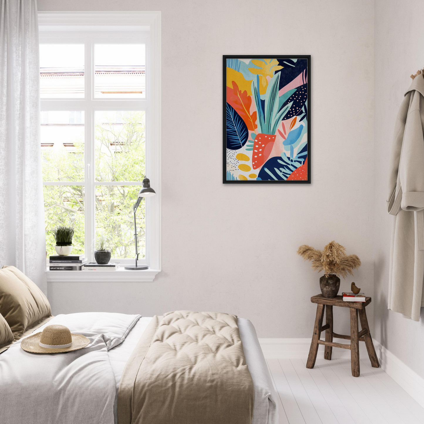 Colorful abstract tropical artwork in a black frame for Psychedelic Flora Dance room decor