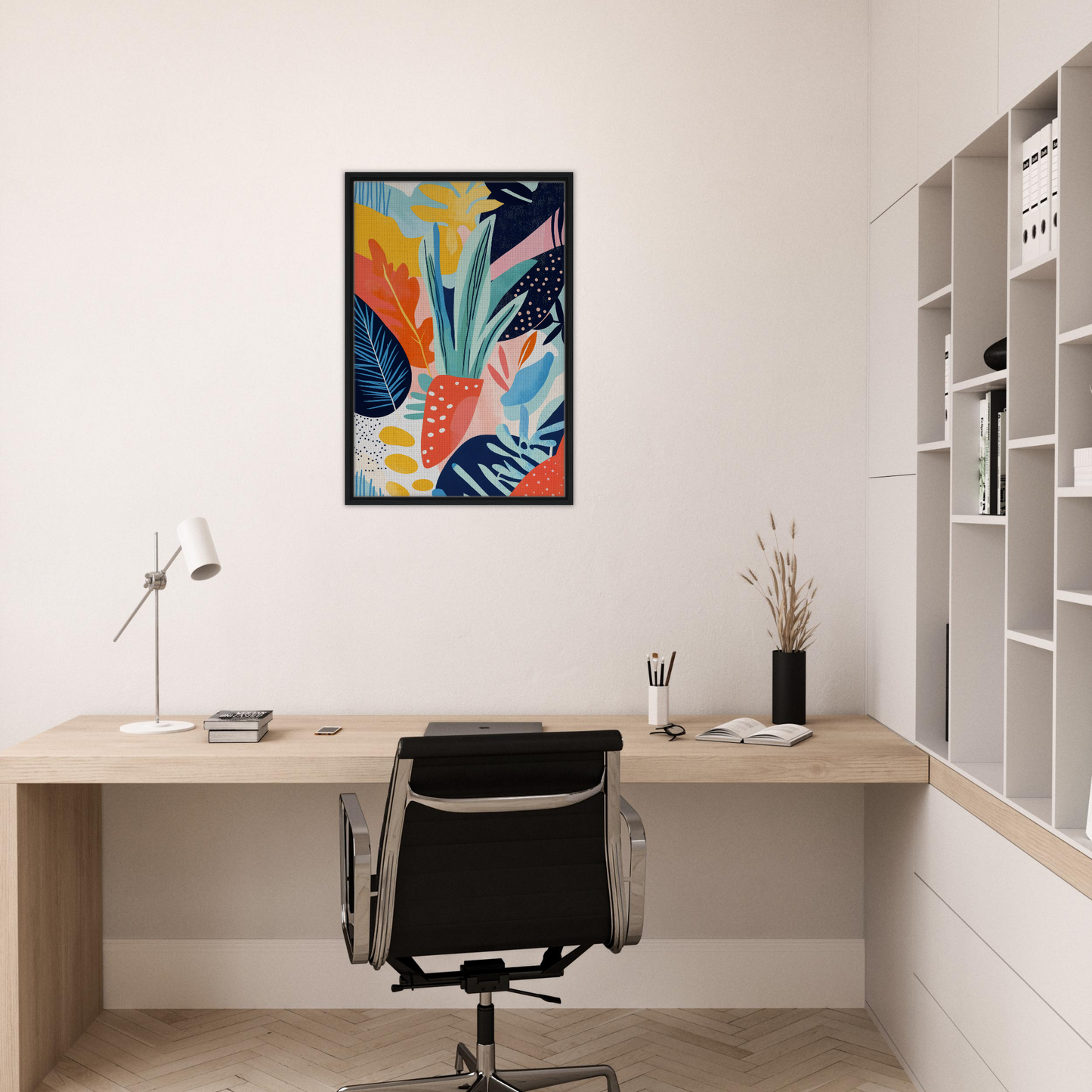 Colorful abstract artwork in a black frame, showcasing Psychedelic Flora Dance design