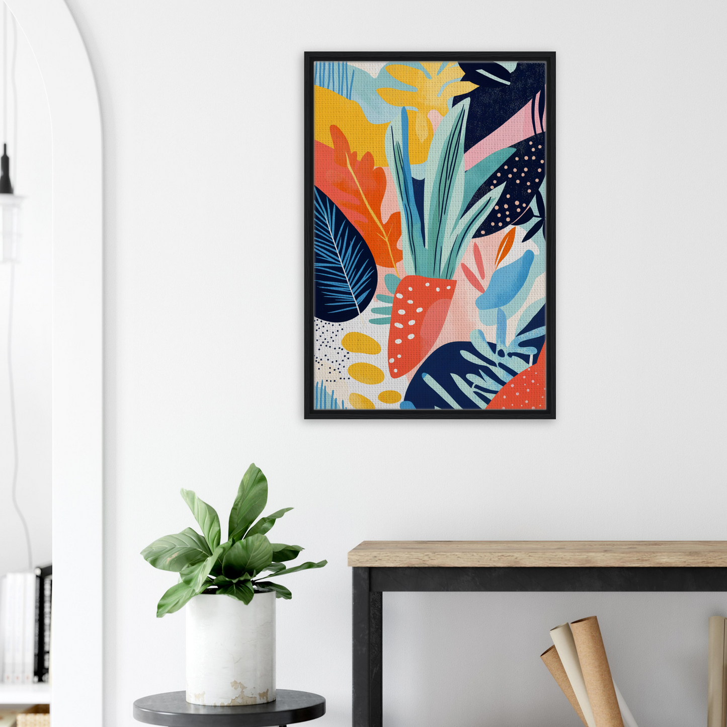 Colorful abstract art print of tropical leaves in vibrant hues for room decor, Psychedelic Flora Dance
