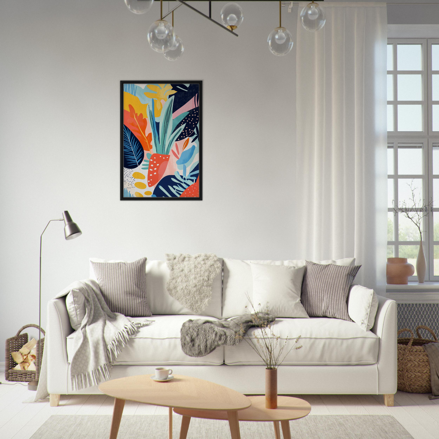 White sofa adorned with throw pillows and blankets for a stylish room decor in Psychedelic Flora Dance