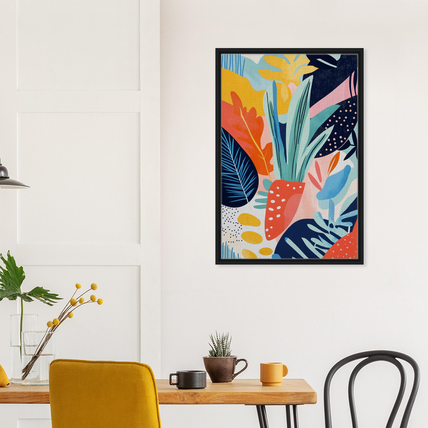 Colorful abstract art print of Tropical leaves in a black frame for room decor, Psychedelic Flora Dance