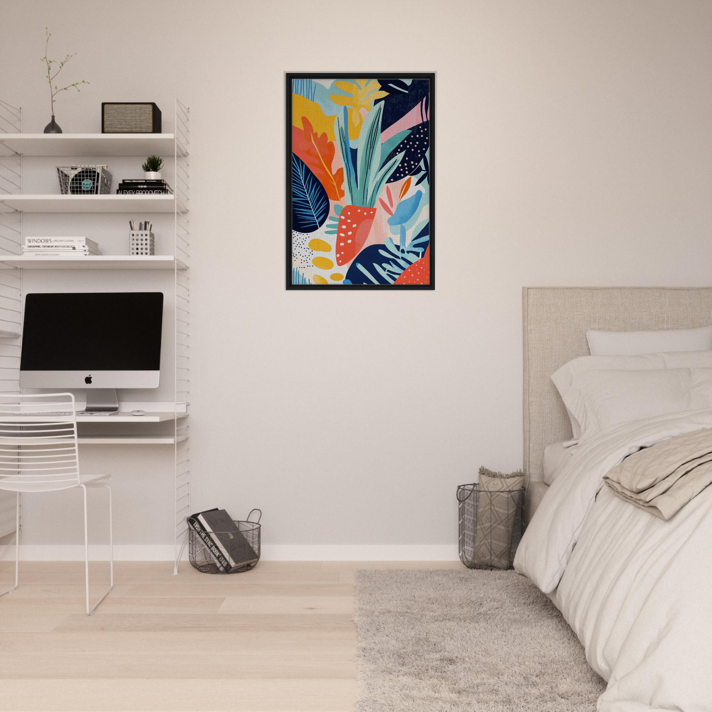 Colorful abstract painting with tropical leaf motifs in a black frame for Psychedelic Flora Dance