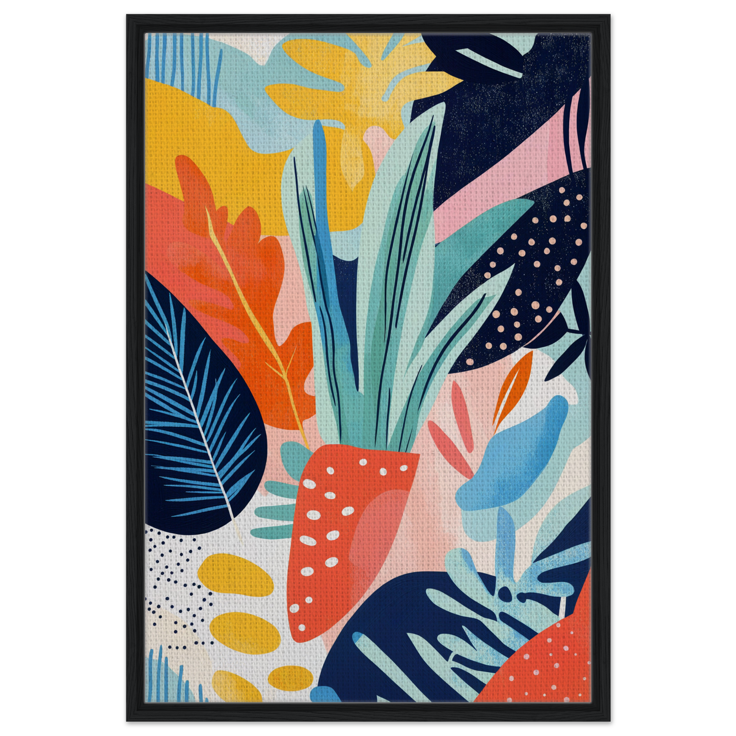 Colorful abstract floral and leaf pattern in a black frame for Psychedelic Flora Dance
