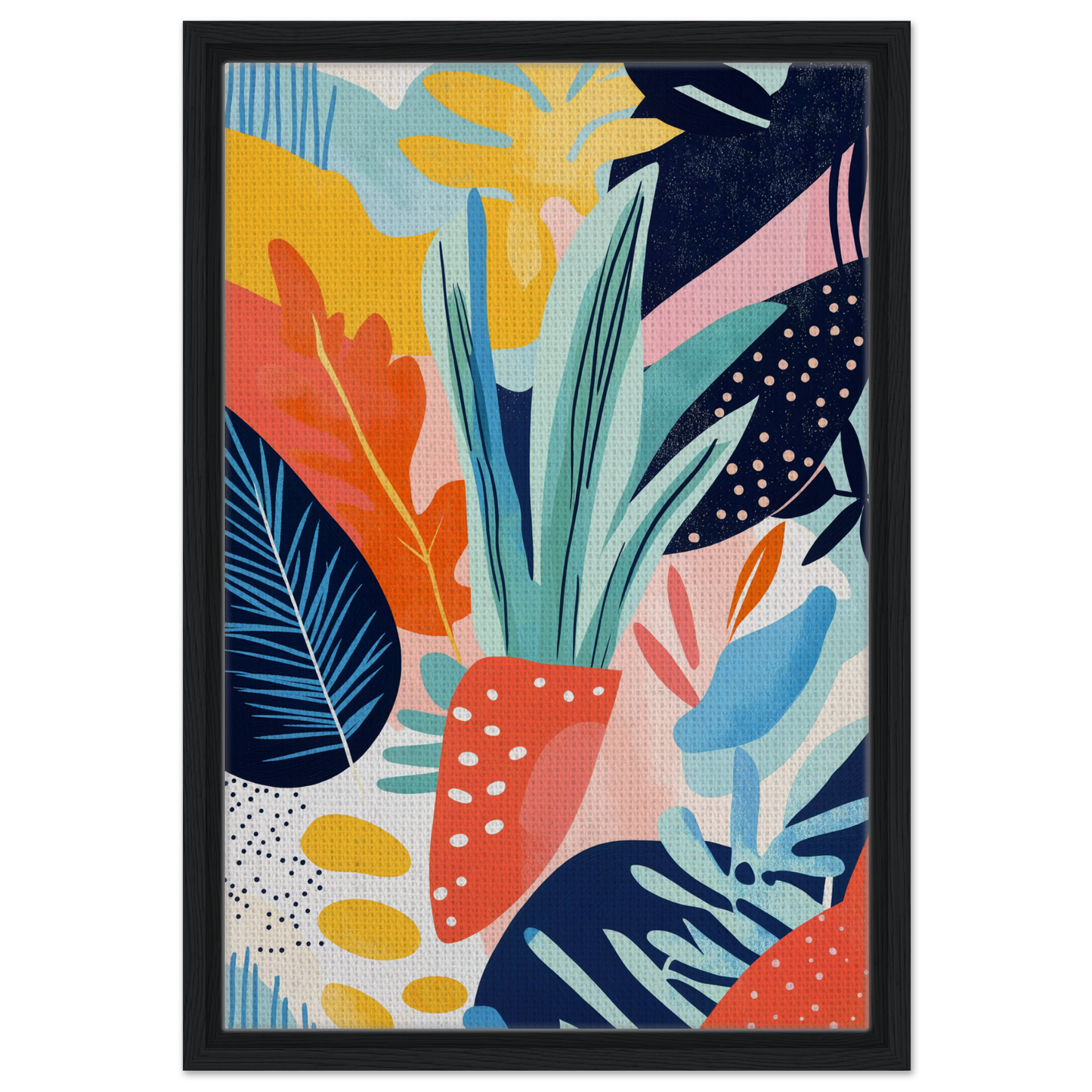 Colorful abstract artwork of tropical plants in Psychedelic Flora Dance framed print