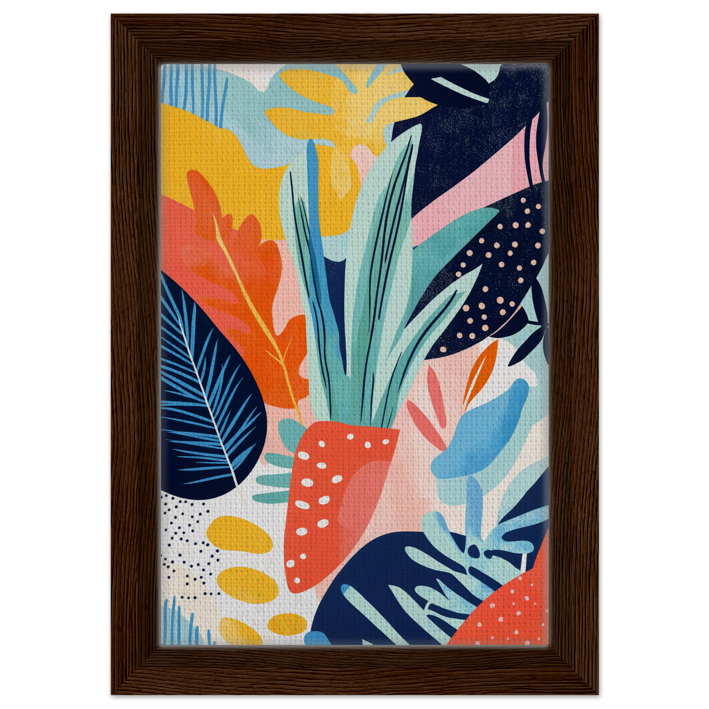 Colorful abstract painting of tropical leaves in a frame for Psychedelic Flora Dance room decor
