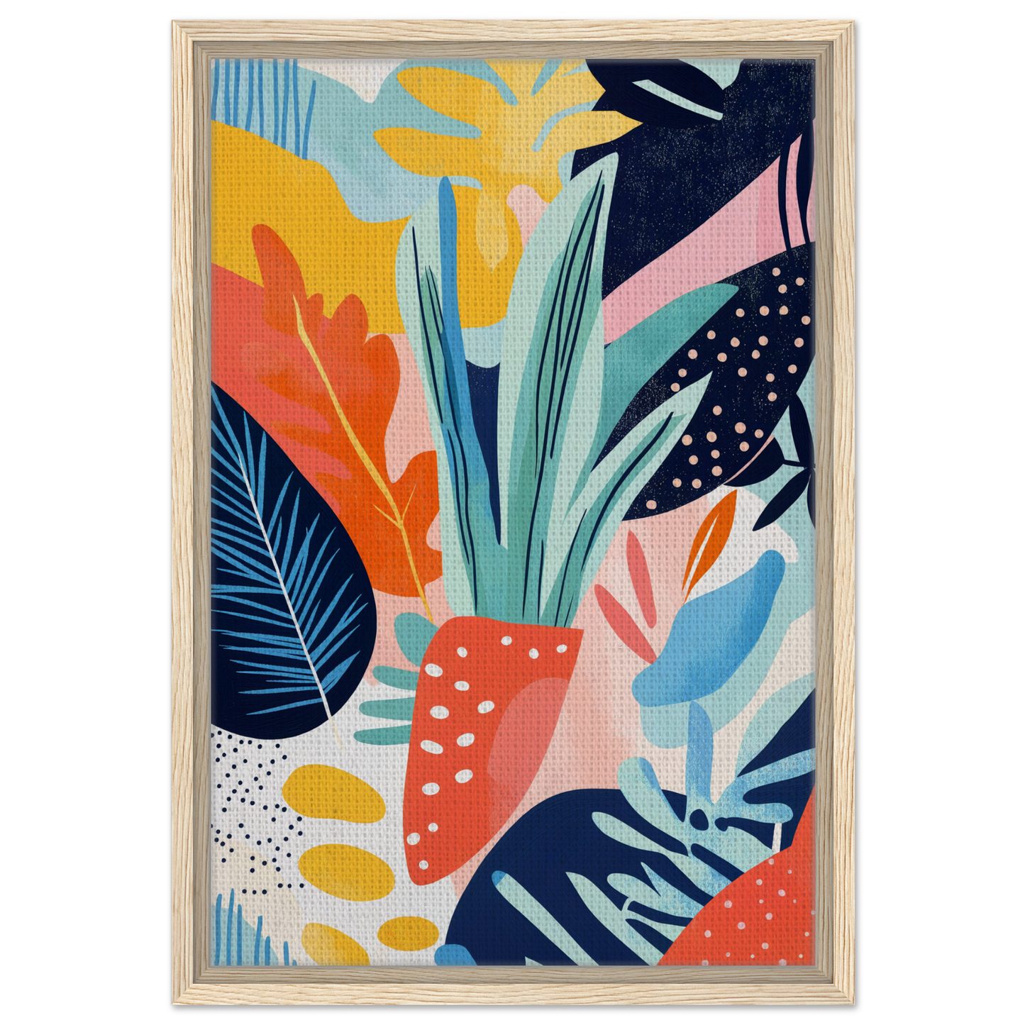 Vibrant abstract illustration of tropical plants for Psychedelic Flora Dance framed canvas print