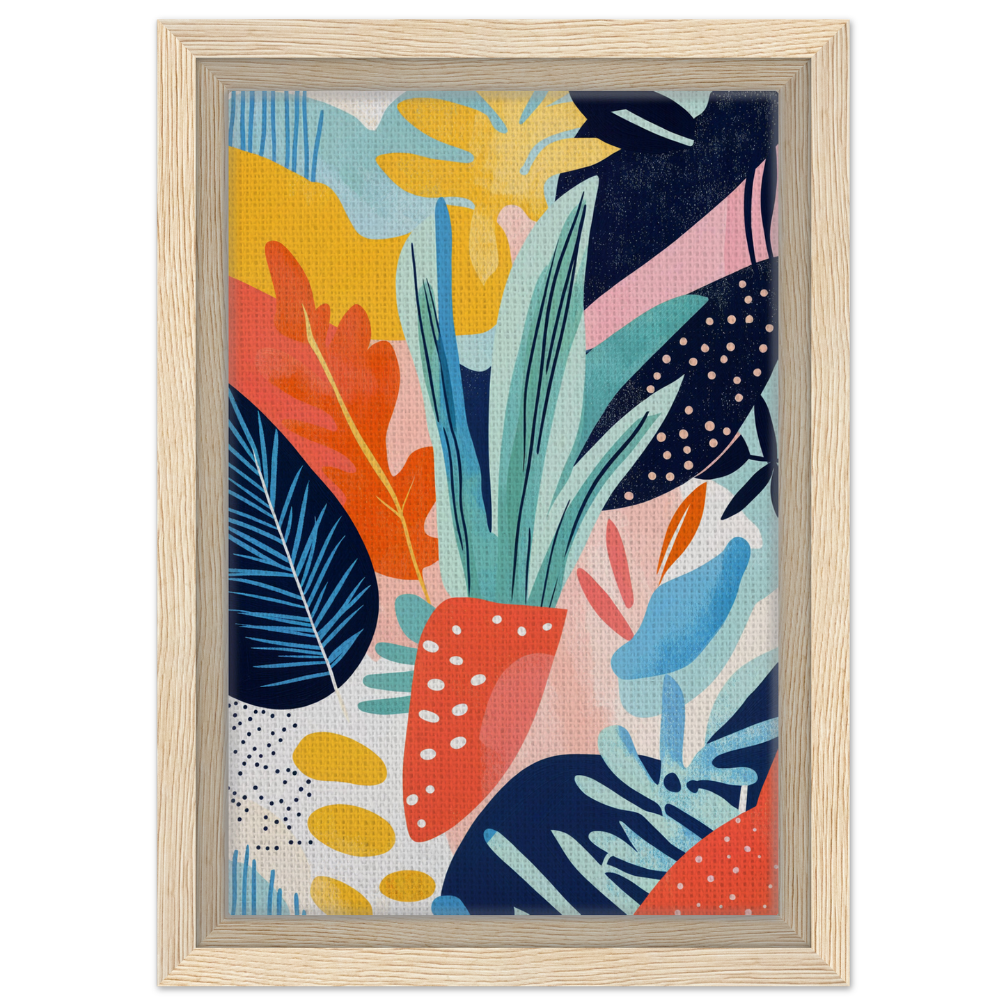 Colorful abstract painting of tropical leaves in vibrant hues for Psychedelic Flora Dance room decor