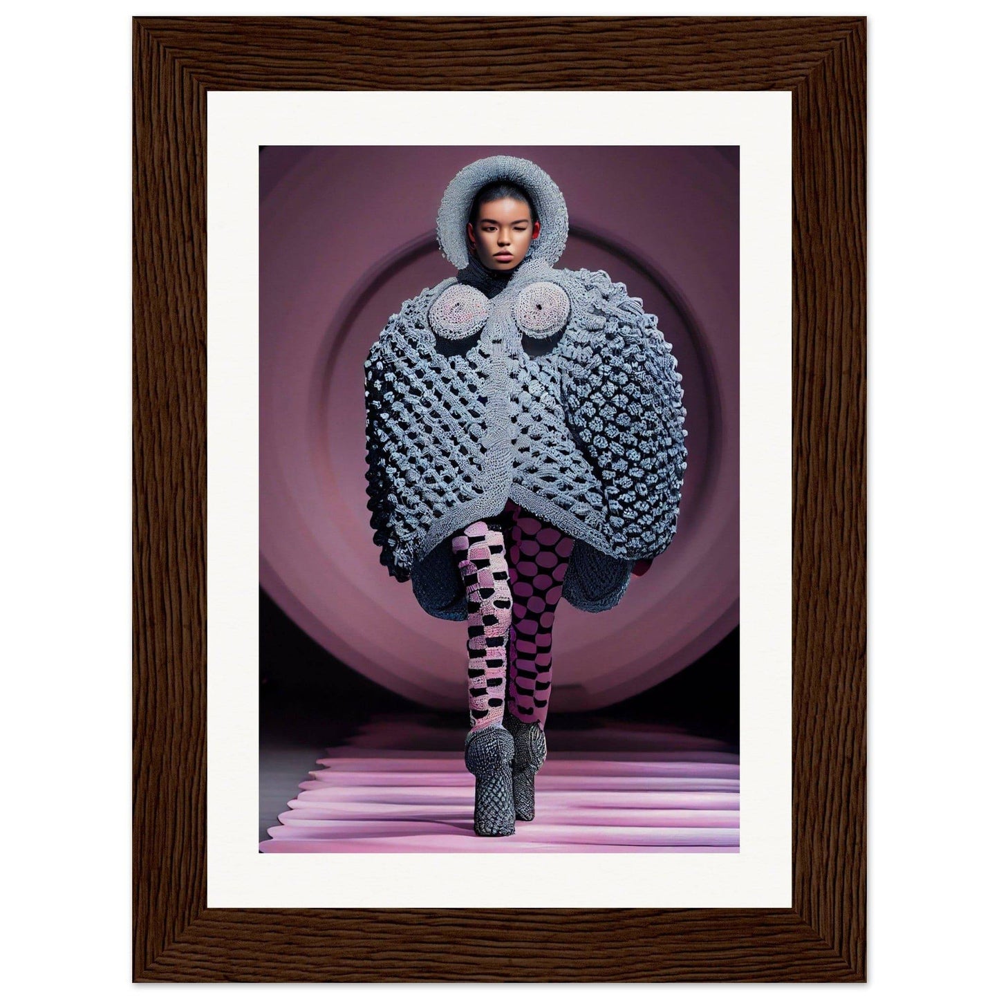 A person wearing an oversized, textured gray coat with a fur-trimmed hood and checkered leggings.